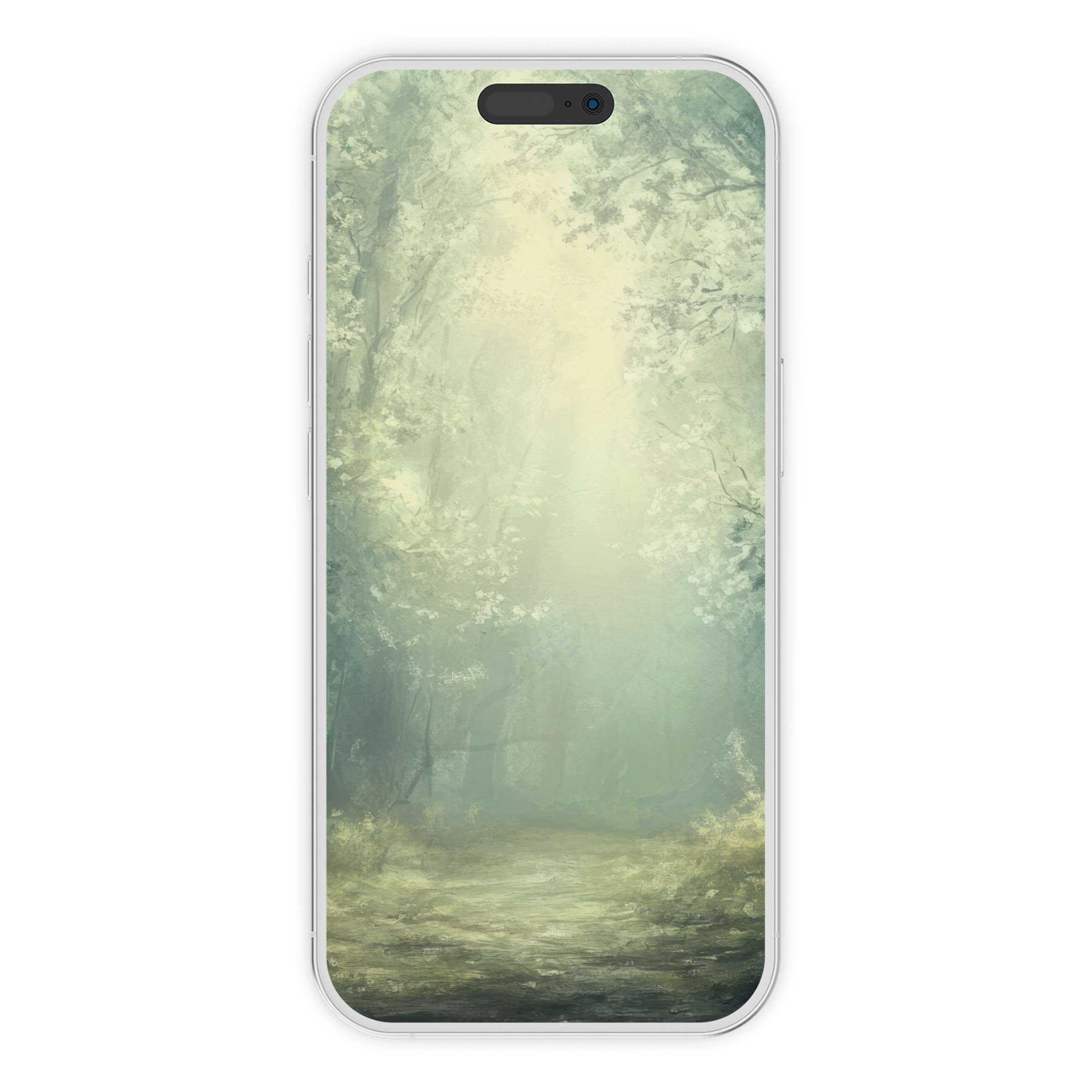 Serene vintage iPhone wallpaper showcasing lush green forest, ideal phone background for digital download and eco-inspired aesthetics