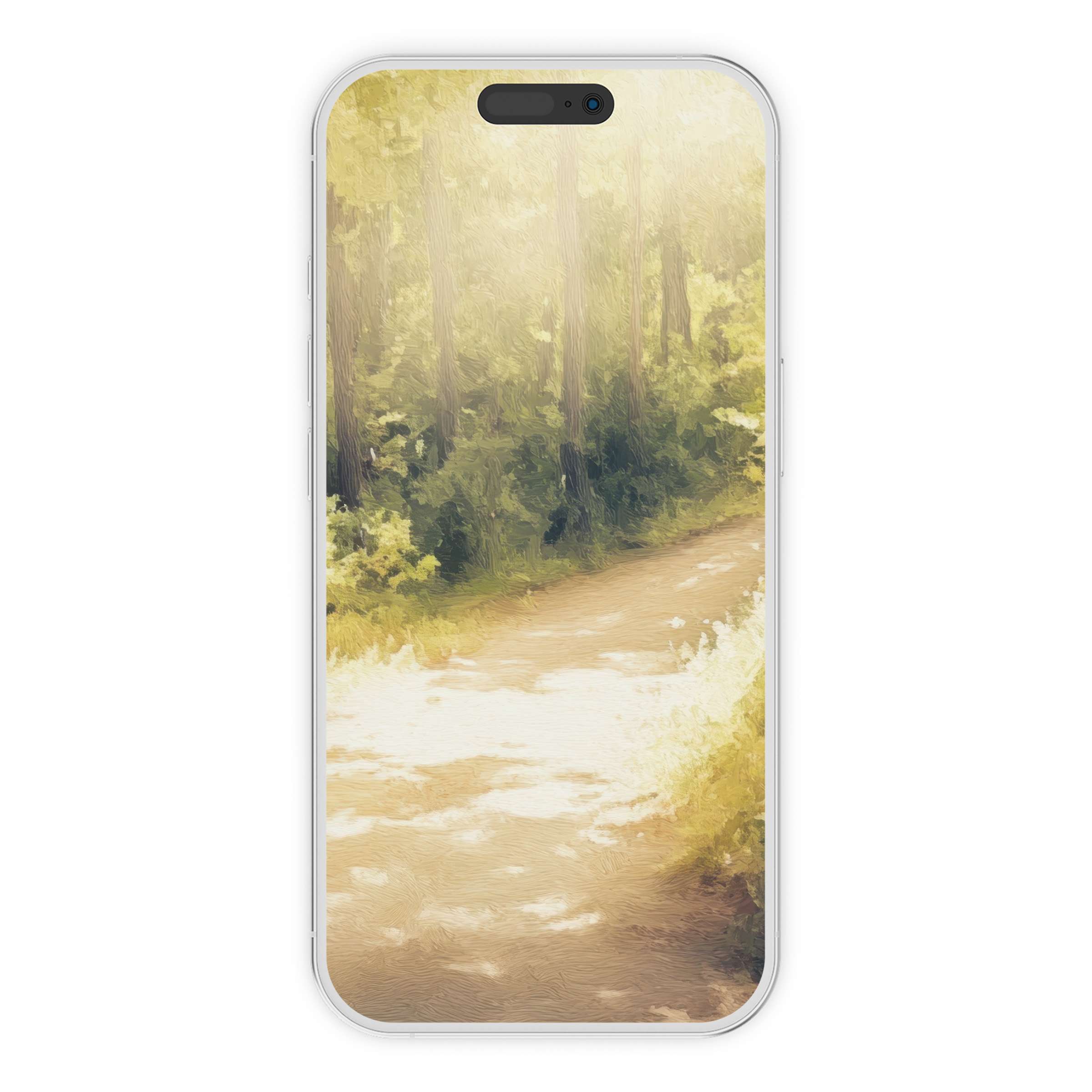 Vintage iPhone wallpaper digital download featuring a serene forest path with soft light, ideal phone background for calm aesthetics