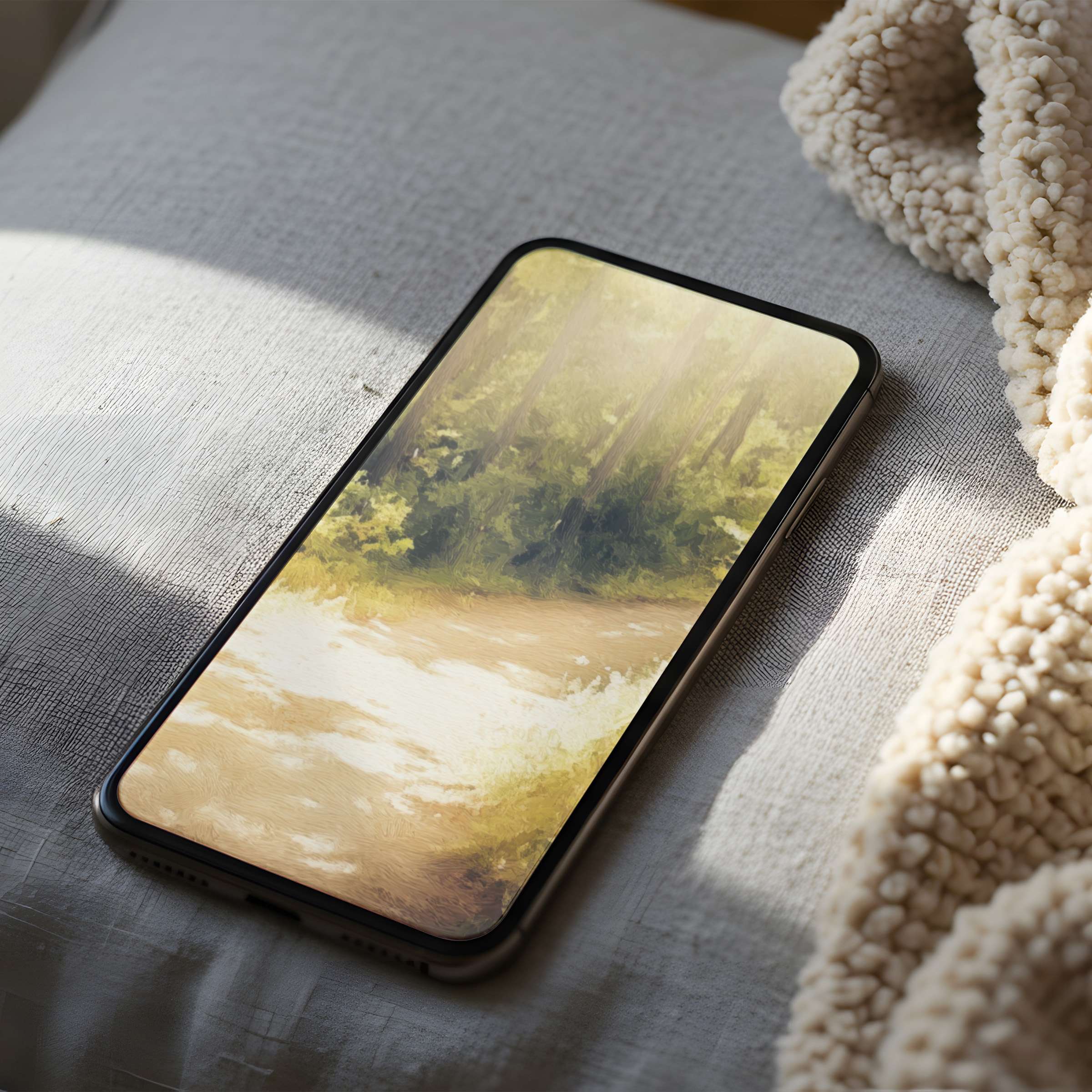 Tranquil forest scene phone wallpaper in high resolution, perfect for iPhone and Android, offering serene digital download ambiance