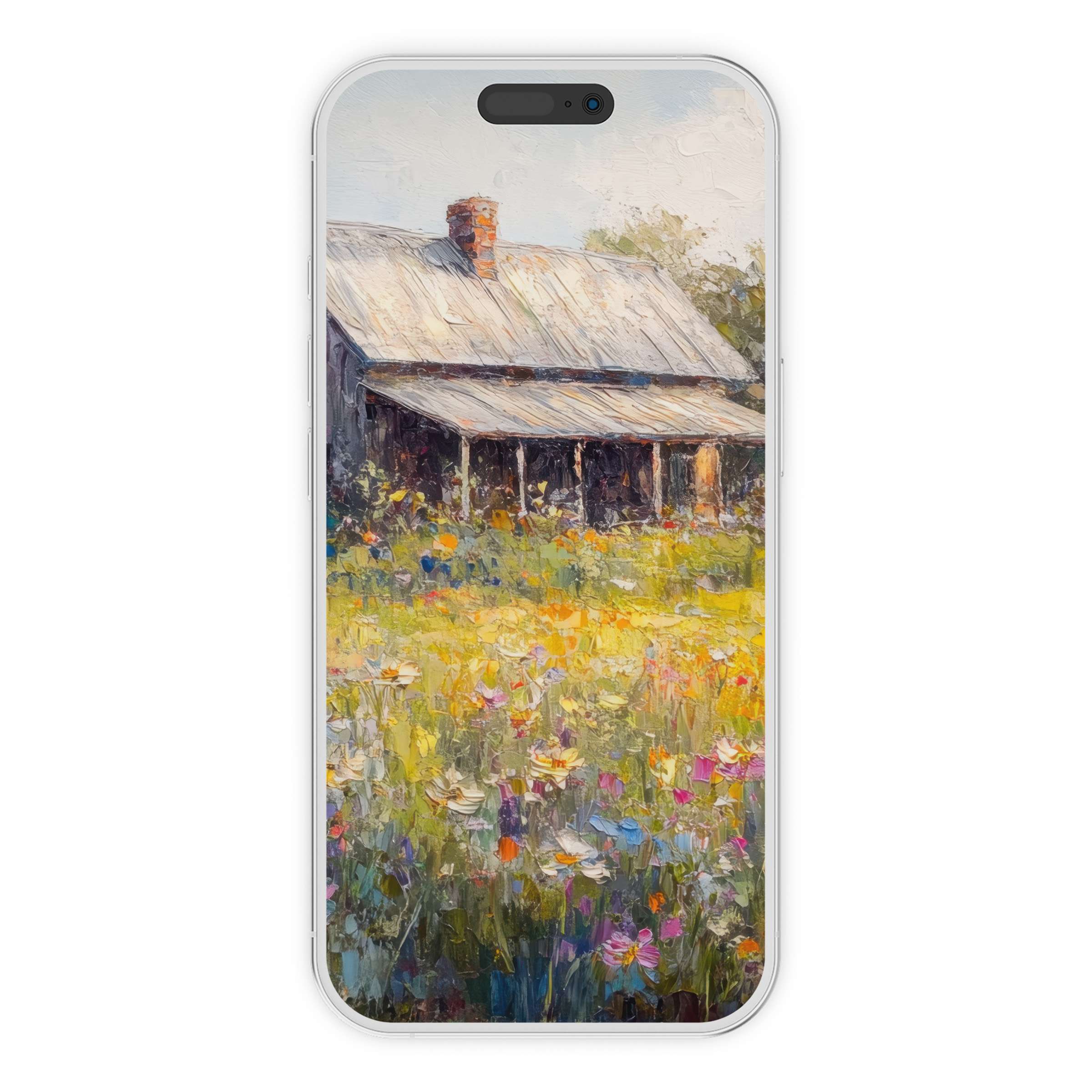 Vintage iPhone wallpaper featuring a serene country house in a colorful meadow, offering a digital download for phone backgrounds