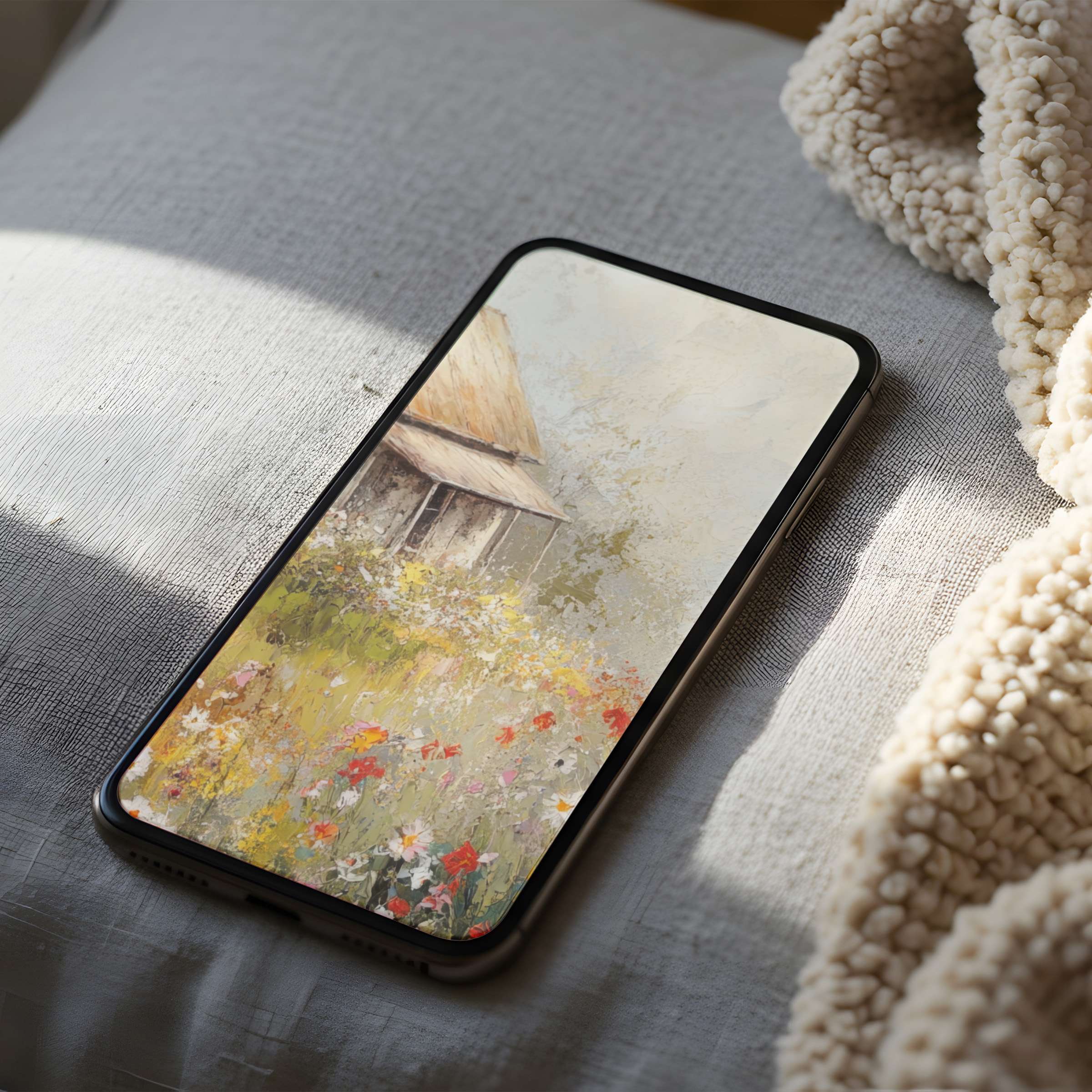 Tranquil cottage garden phone wallpaper in high resolution on soft linens evokes peace and elegance, perfect for iPhone and Android