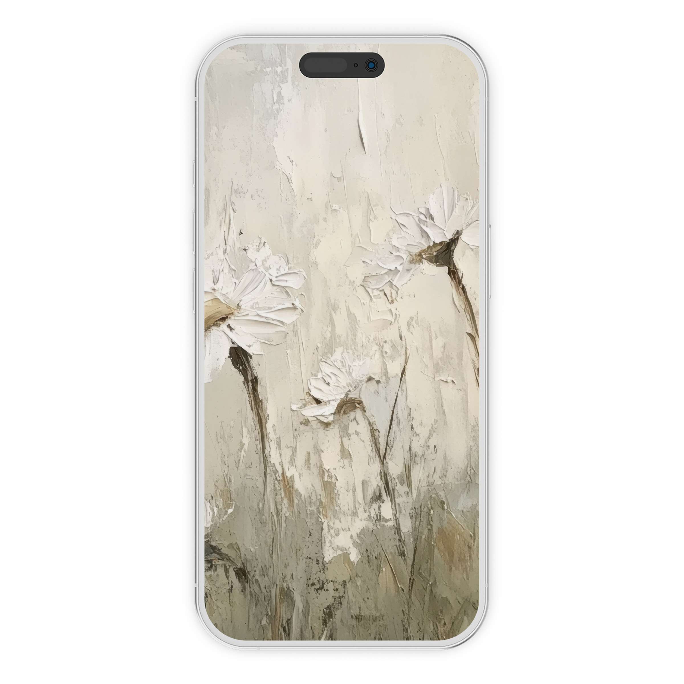 Vintage iPhone wallpaper featuring elegant white flowers in muted textures, perfect phone background for a calming digital download