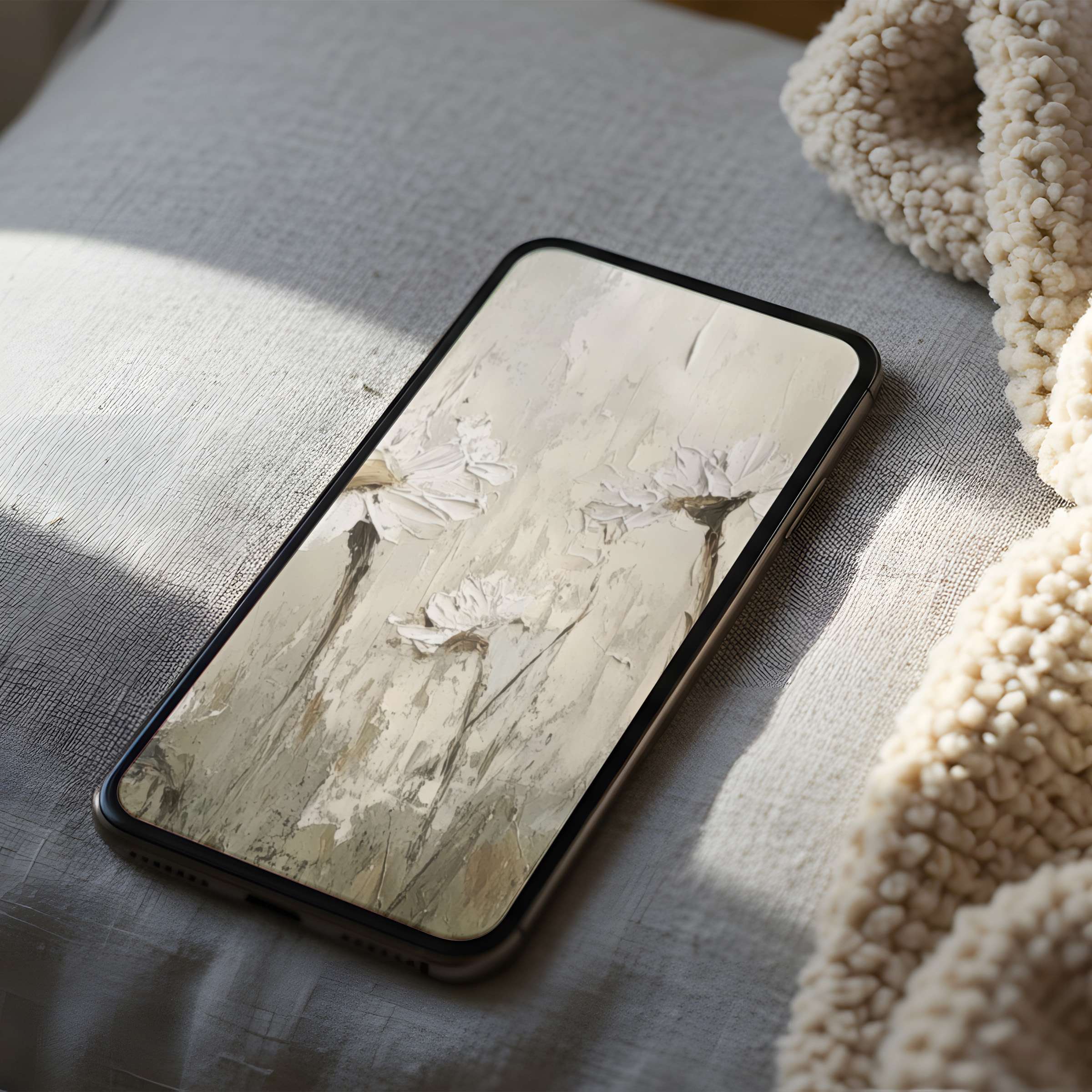 Luxurious botanical phone wallpaper with beige florals, perfect for iPhone or android users seeking a curated, calming digital download