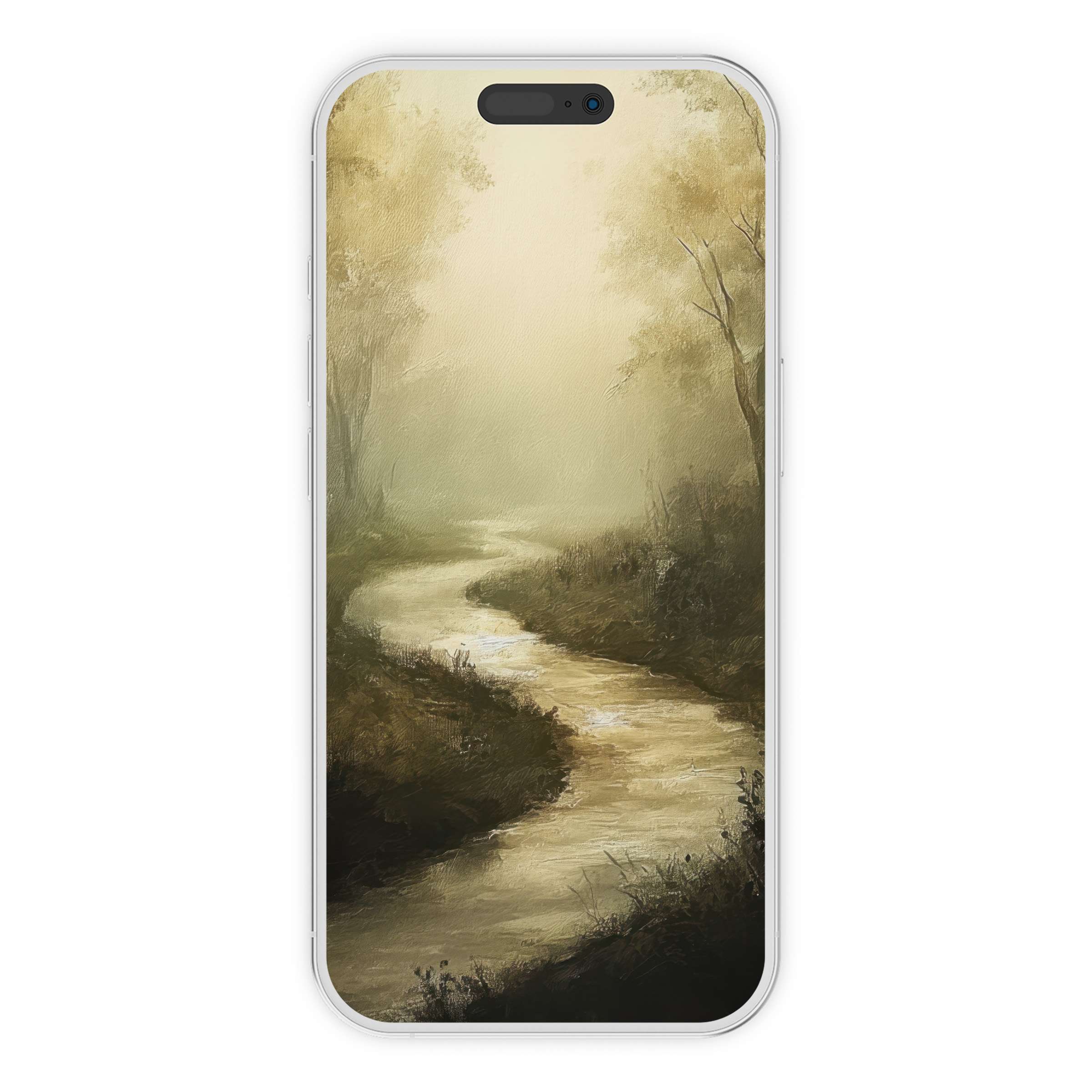 Serene vintage iPhone wallpaper features a misty forest path, perfect phone background for a calming digital download experience