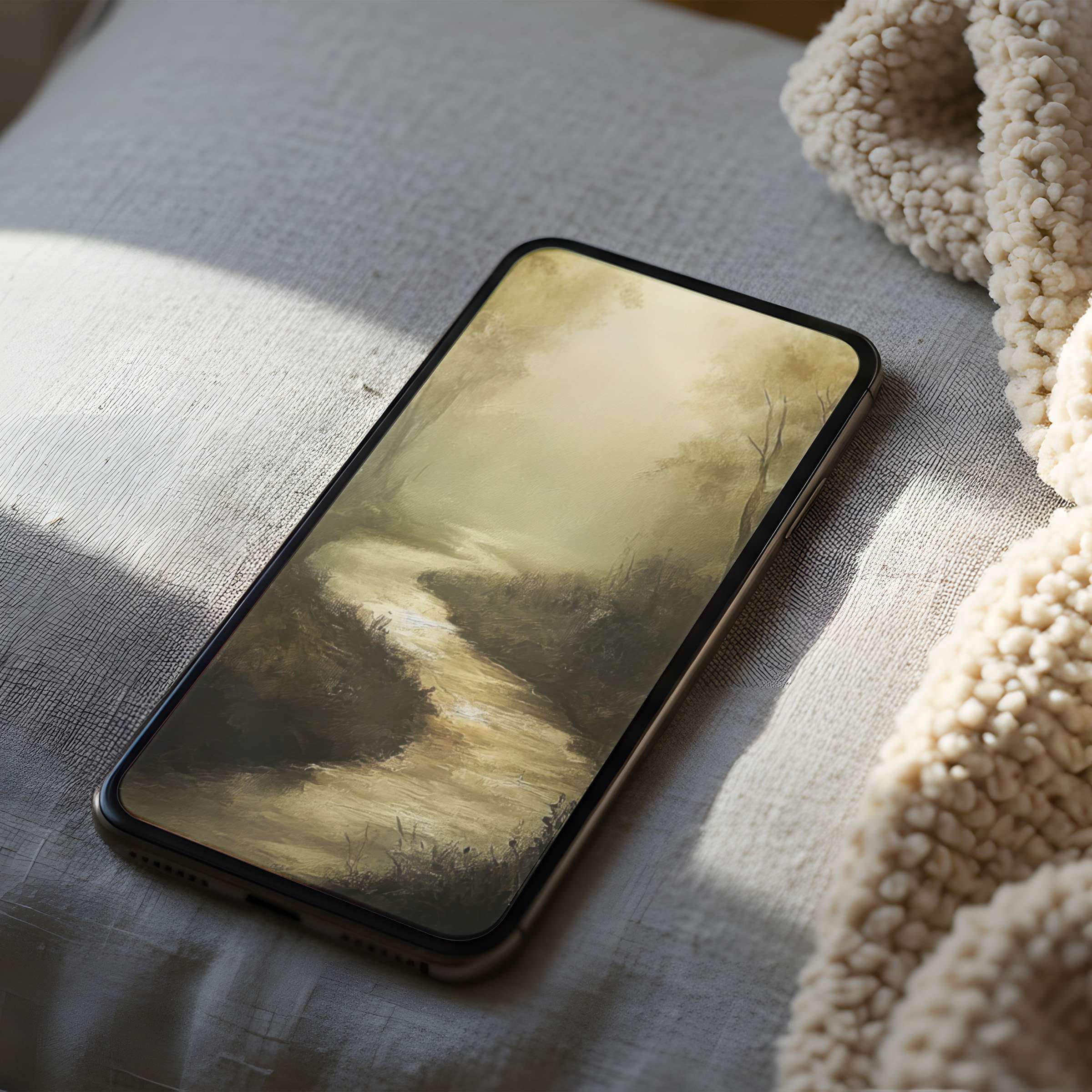 Serene path artwork phone wallpaper for iPhone and Android, enhances calm with high-resolution digital download option, elegant tones