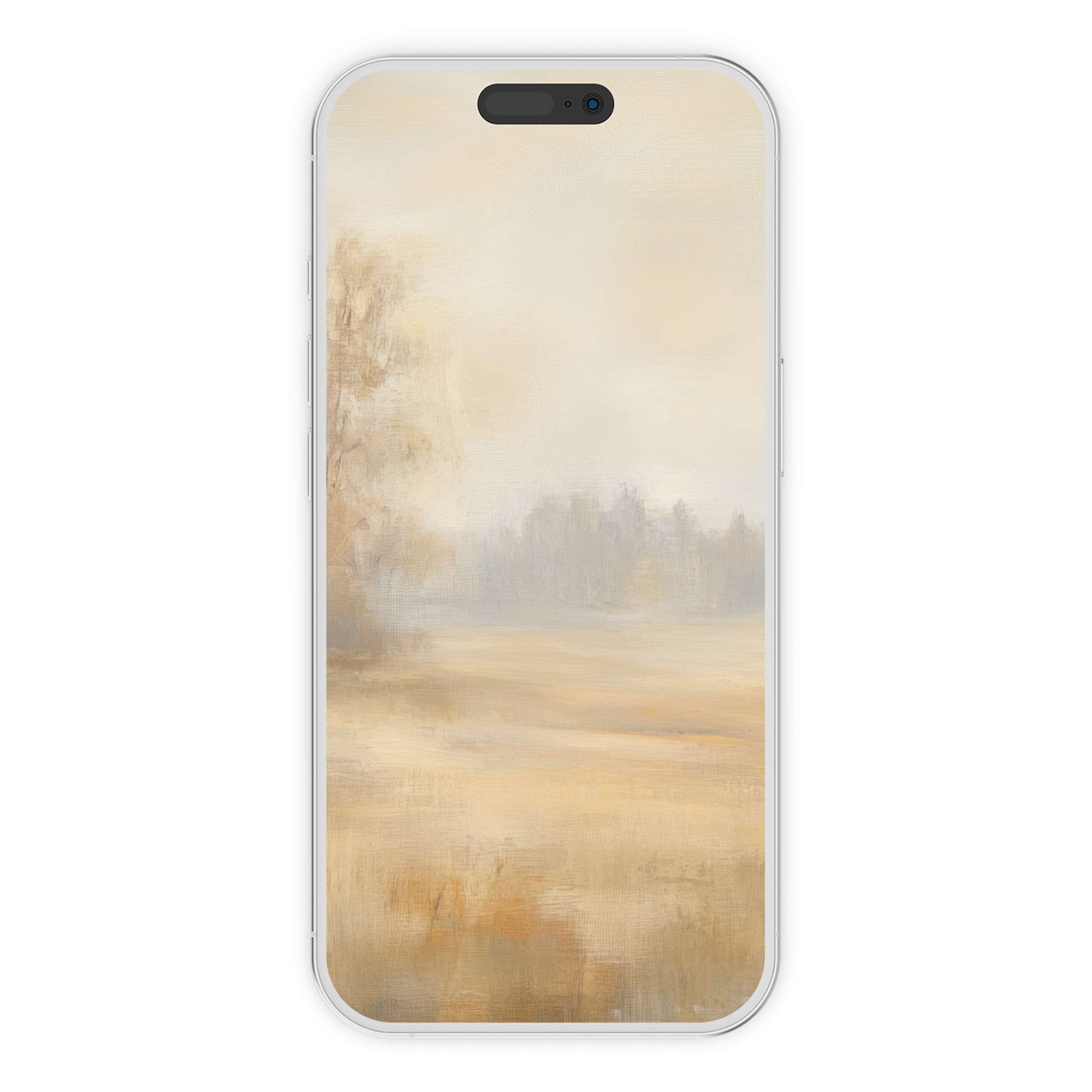 Serene vintage iPhone wallpaper features a misty landscape with soft earthy tones, perfect phone background for digital download versatility