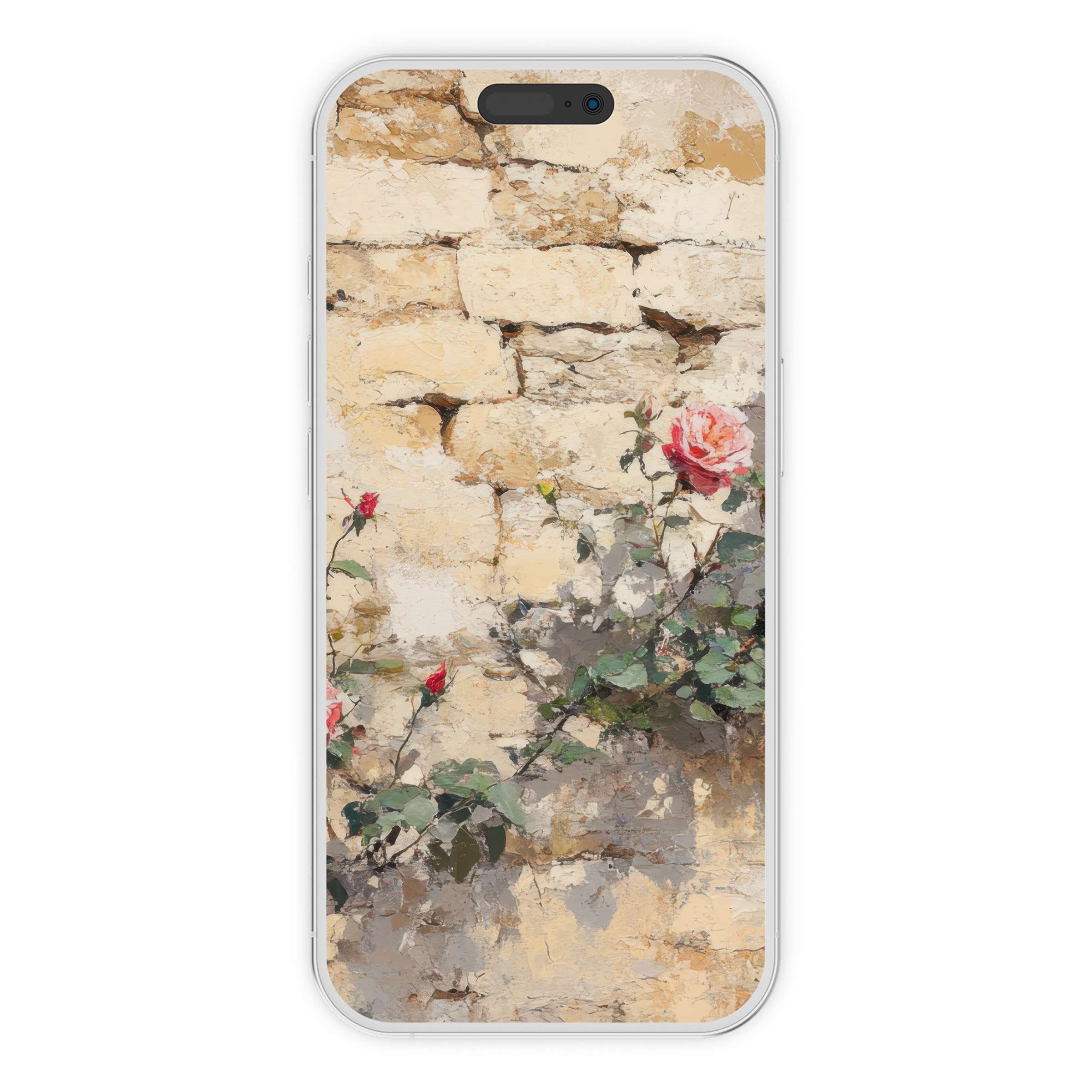 Vintage iPhone wallpaper featuring a textured stone wall with blooming roses adds elegant warmth to any phone background digital download