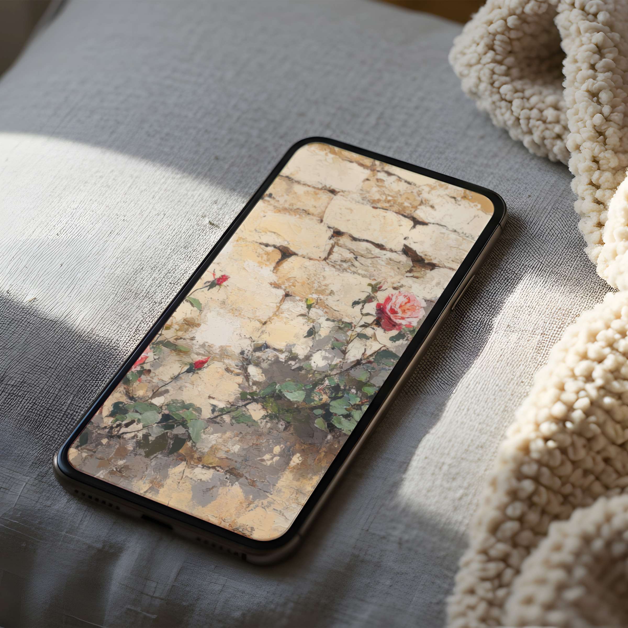 Elegant phone wallpaper featuring roses on a rustic wall in high resolution, perfect for iPhone and Android digital download use
