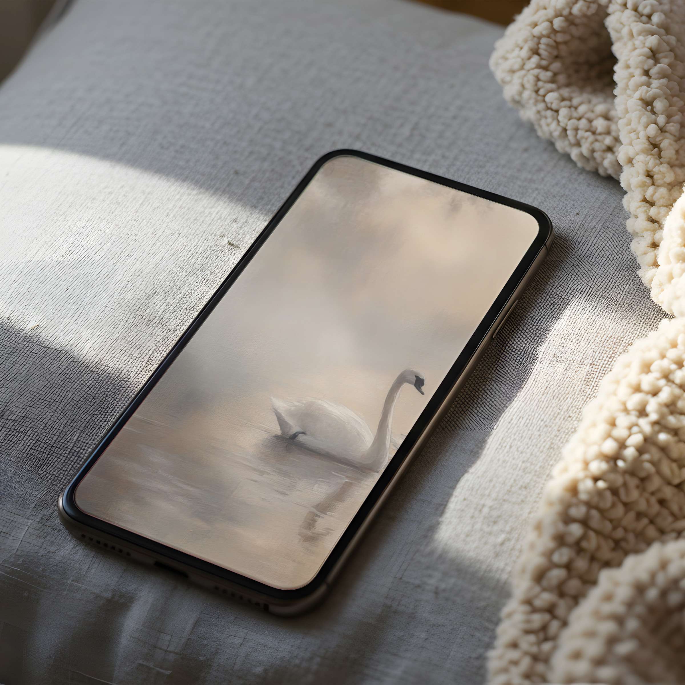 Elegant swan phone wallpaper featuring soft pastels and serene water motif offers high resolution digital download for iPhone and Android