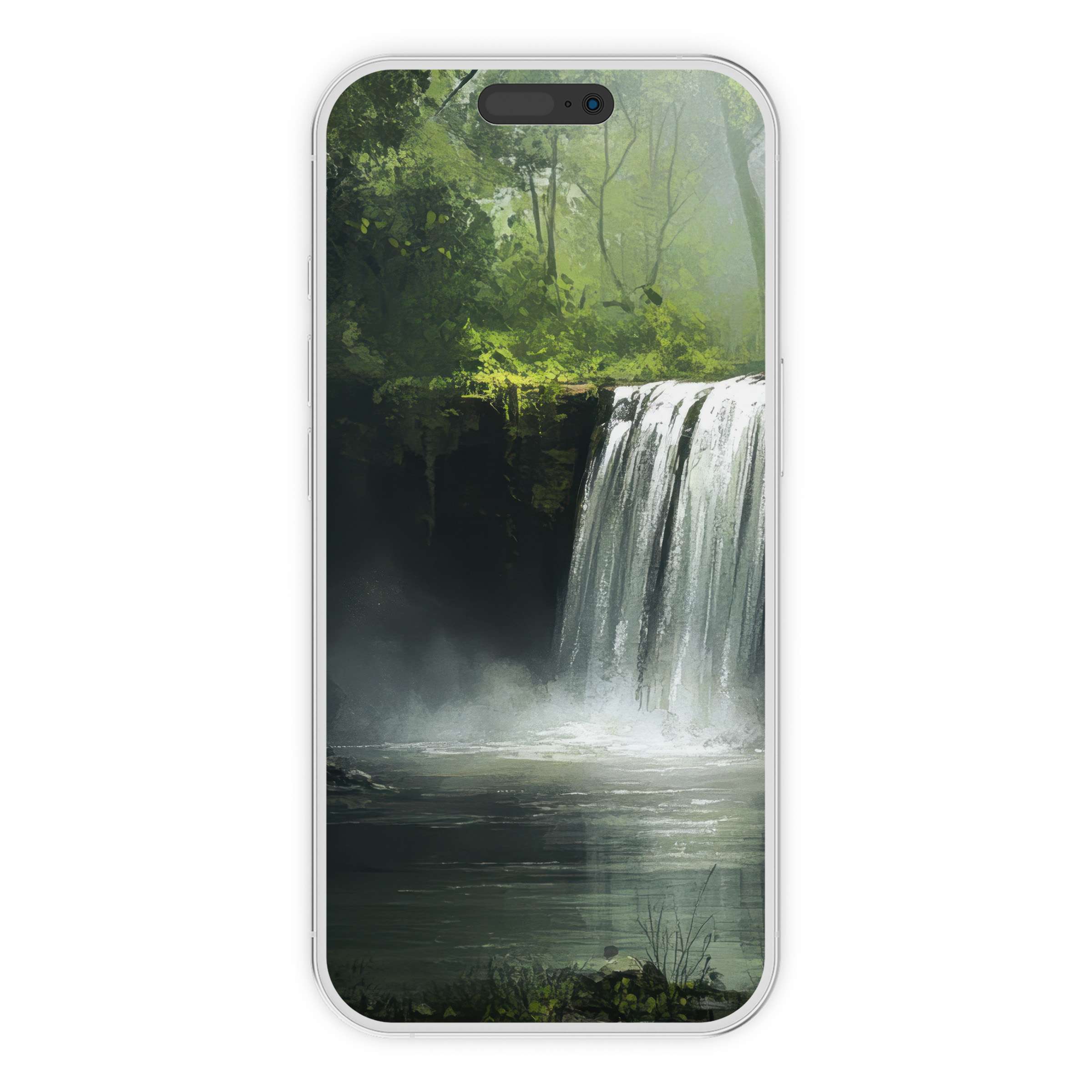 Soothing vintage iPhone wallpaper featuring a serene waterfall with lush greenery, perfect digital download for phone background serenity