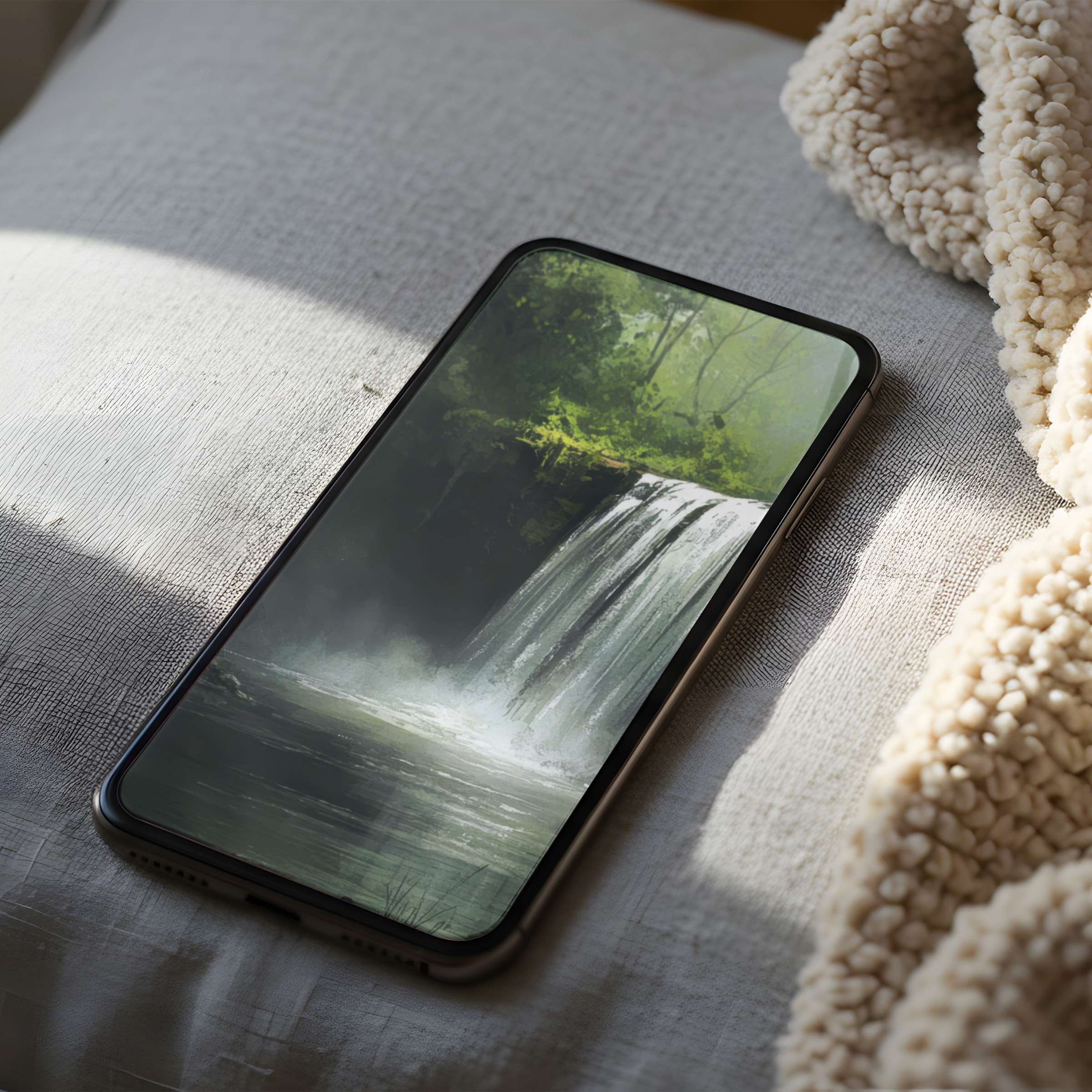 Elegant phone wallpaper showcasing a serene waterfall amidst lush greenery perfect for high resolution iPhone and Android downloads