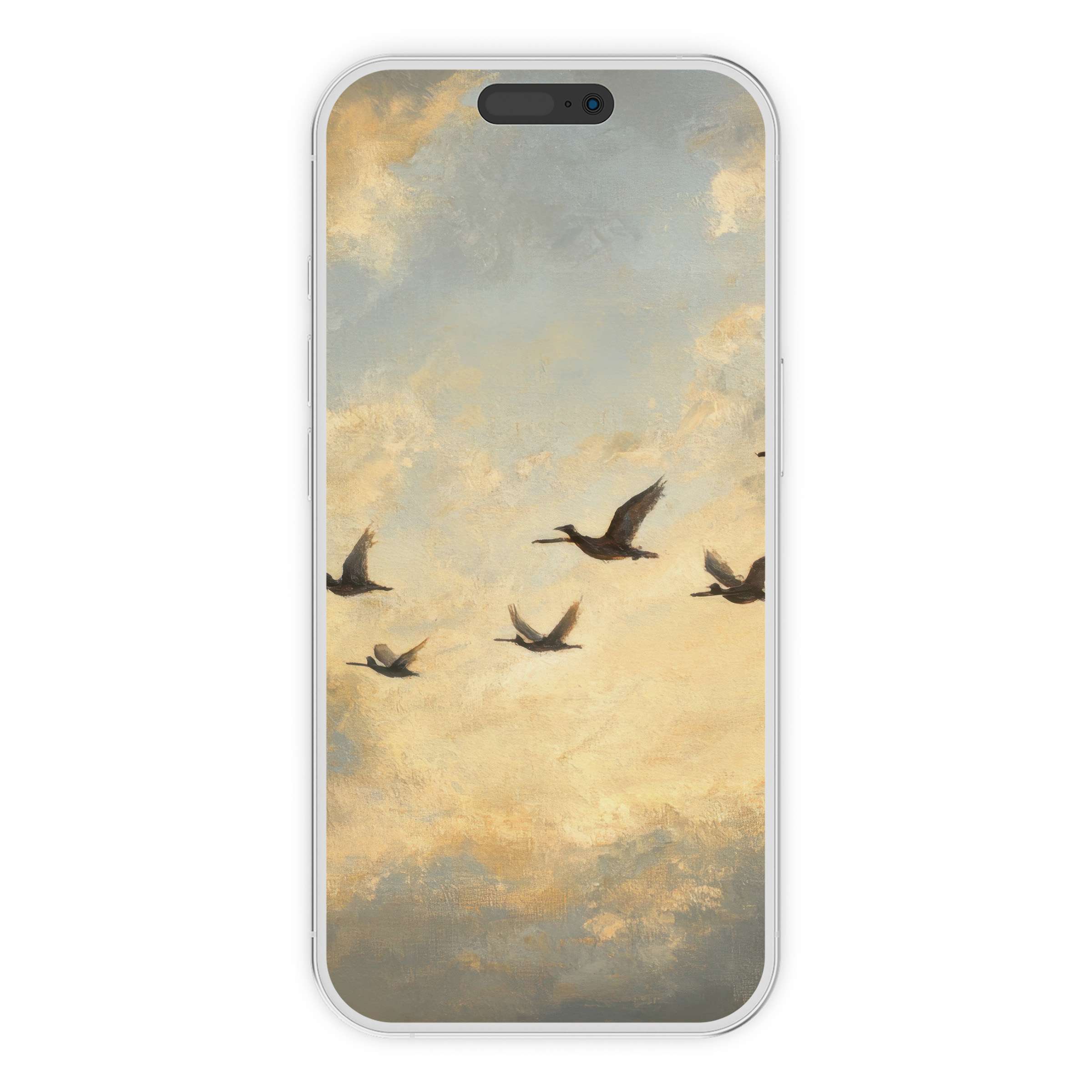 Vintage iPhone wallpaper featuring serene birds against a pastel sky background offers elegant digital download for phone aesthetics