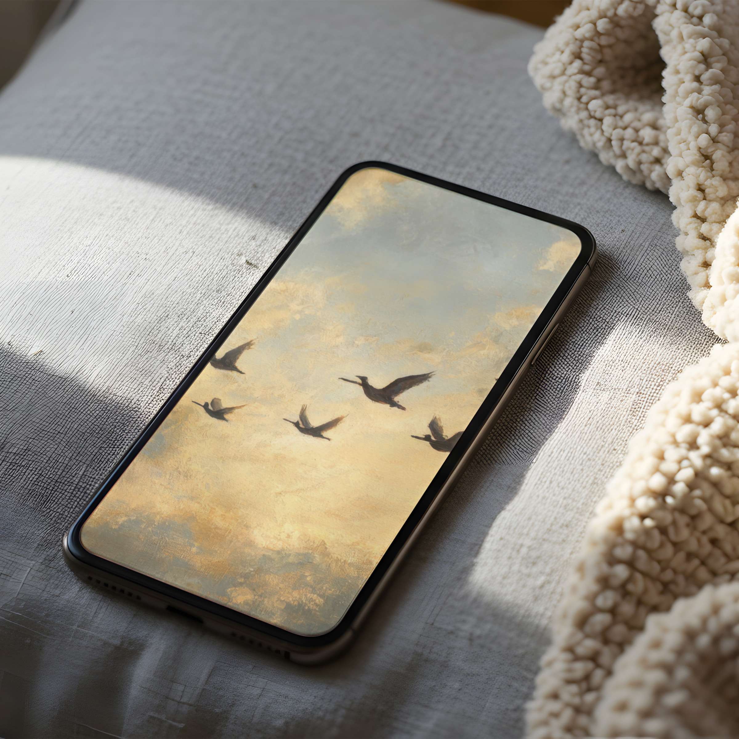 Serene phone wallpaper featuring birds in flight against a soft, golden sky, high resolution, ideal for iPhone and Android screens