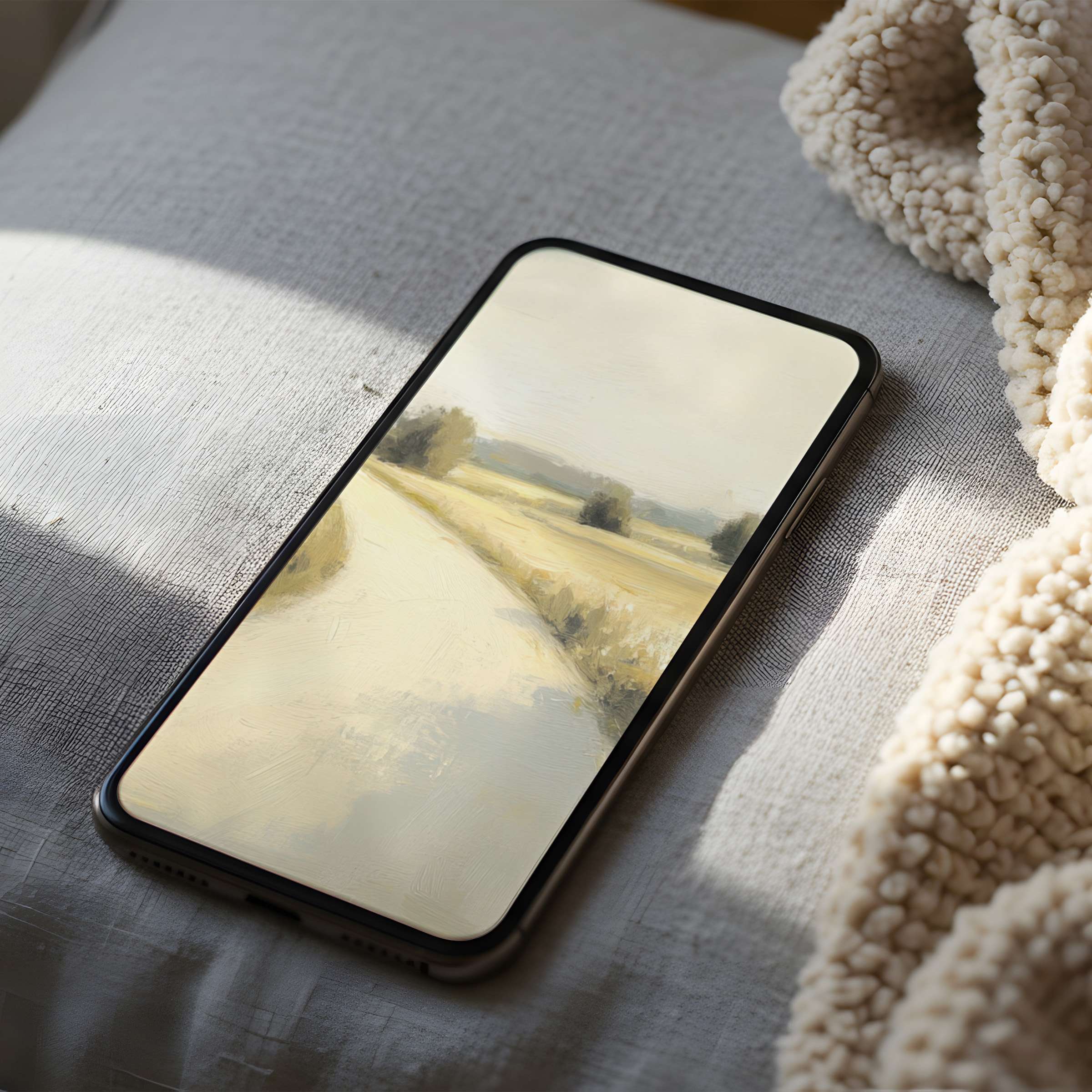 Serene landscape phone wallpaper in high resolution, featuring soft earth tones, perfect for iPhone and Android digital downloads