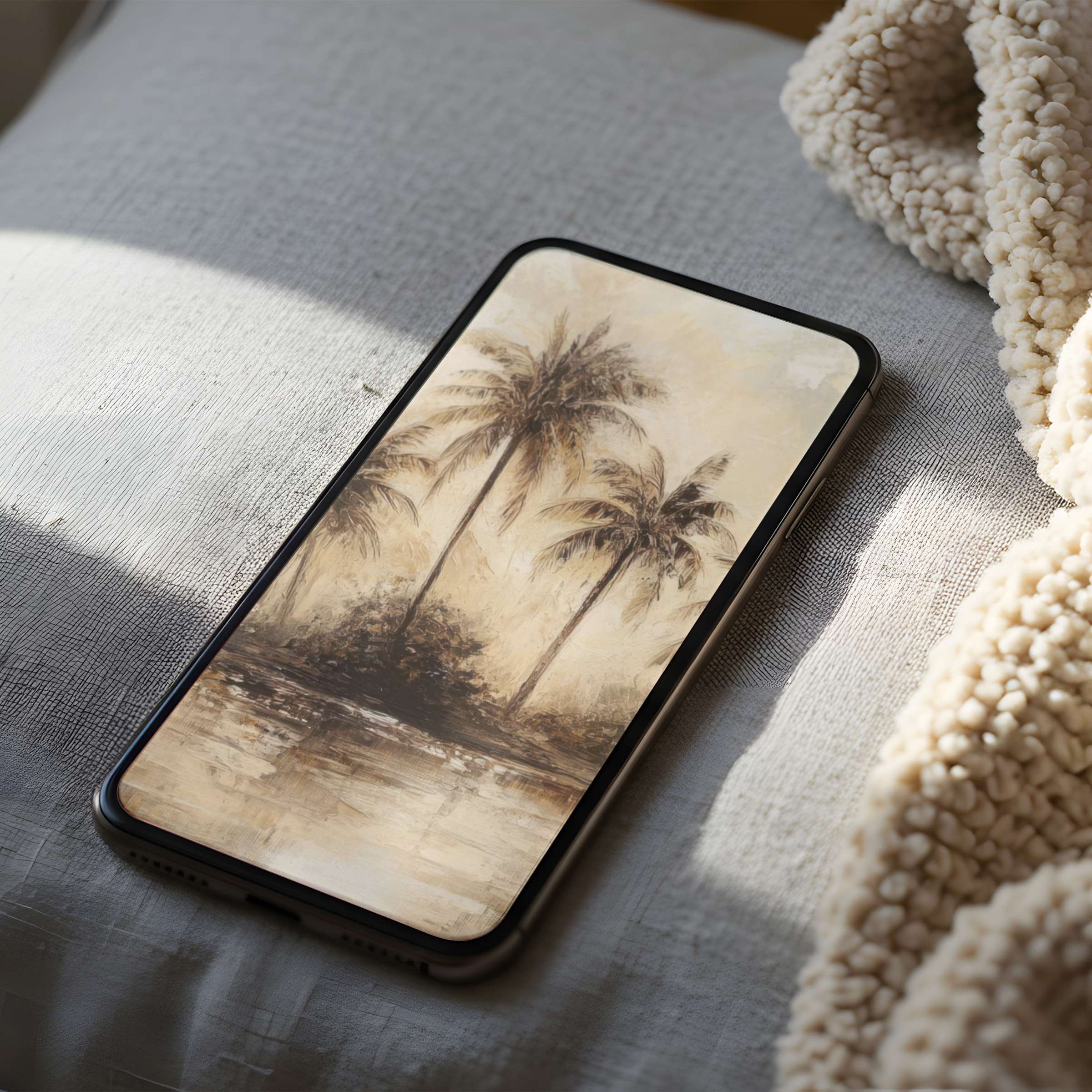 Elegant phone wallpaper featuring serene palm trees in soft sepia tones, perfect high resolution for iPhone or Android digital download