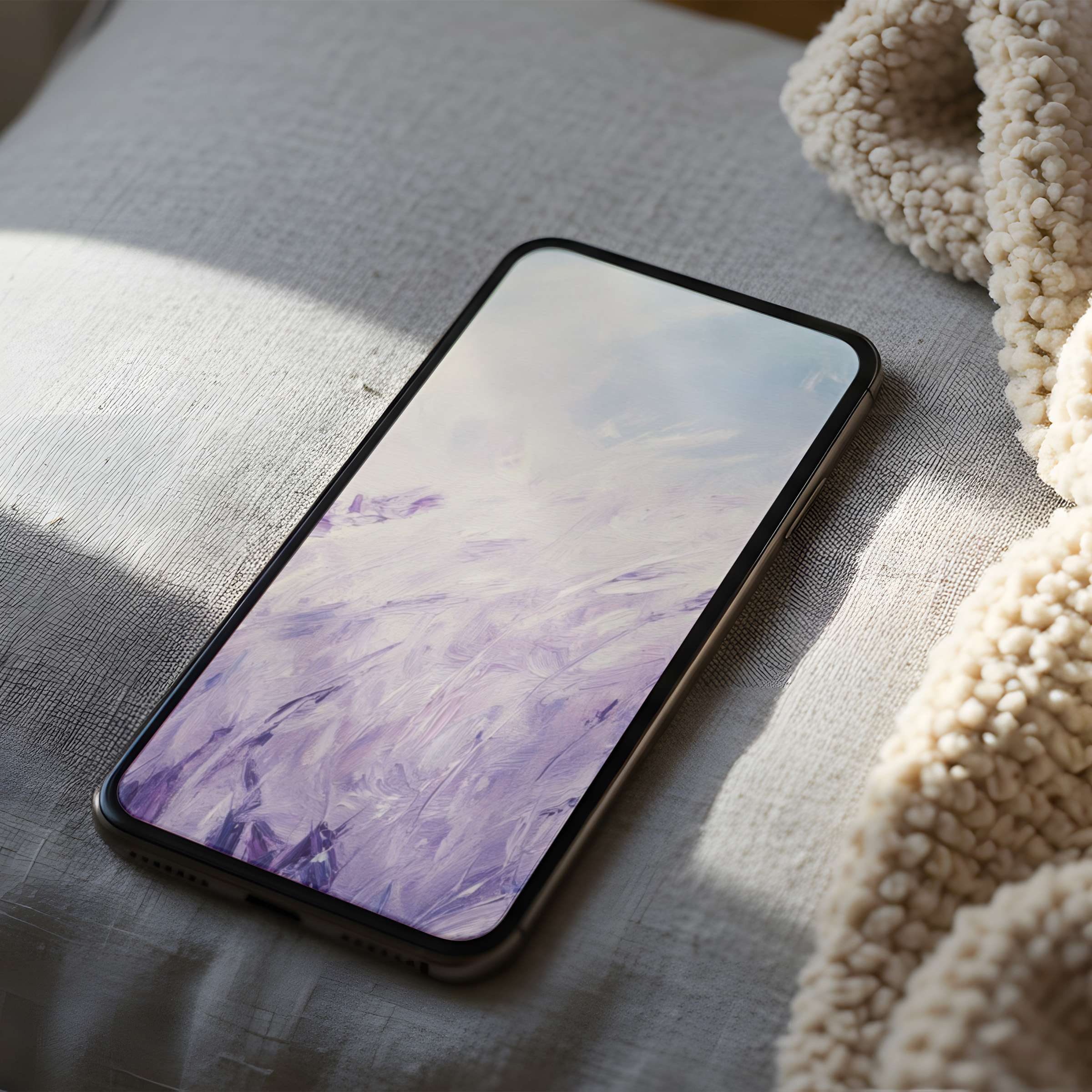 Elegant phone wallpaper featuring soft purple abstract art, perfect for iPhone and Android devices, offering a calming digital download