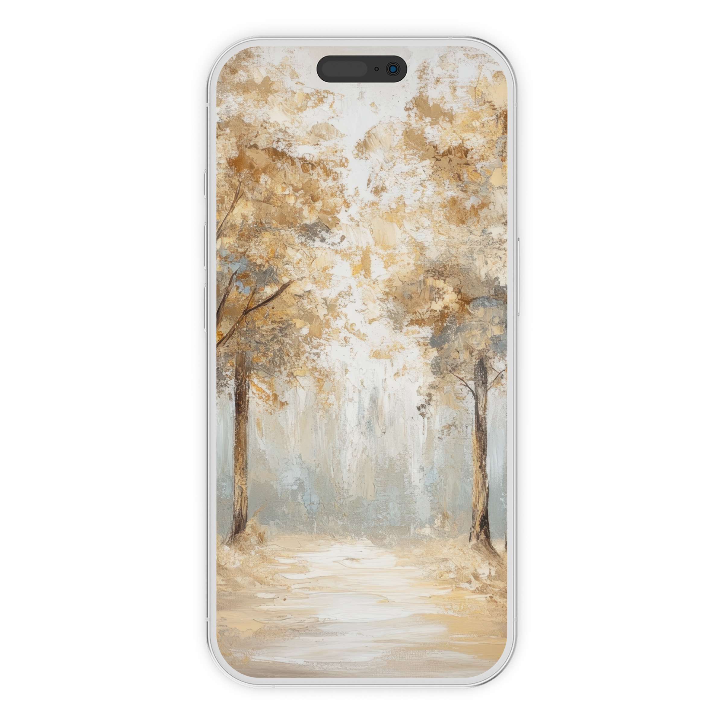 Elegant vintage iPhone wallpaper featuring serene autumn trees, ideal phone background for digital download and sustainable style lovers