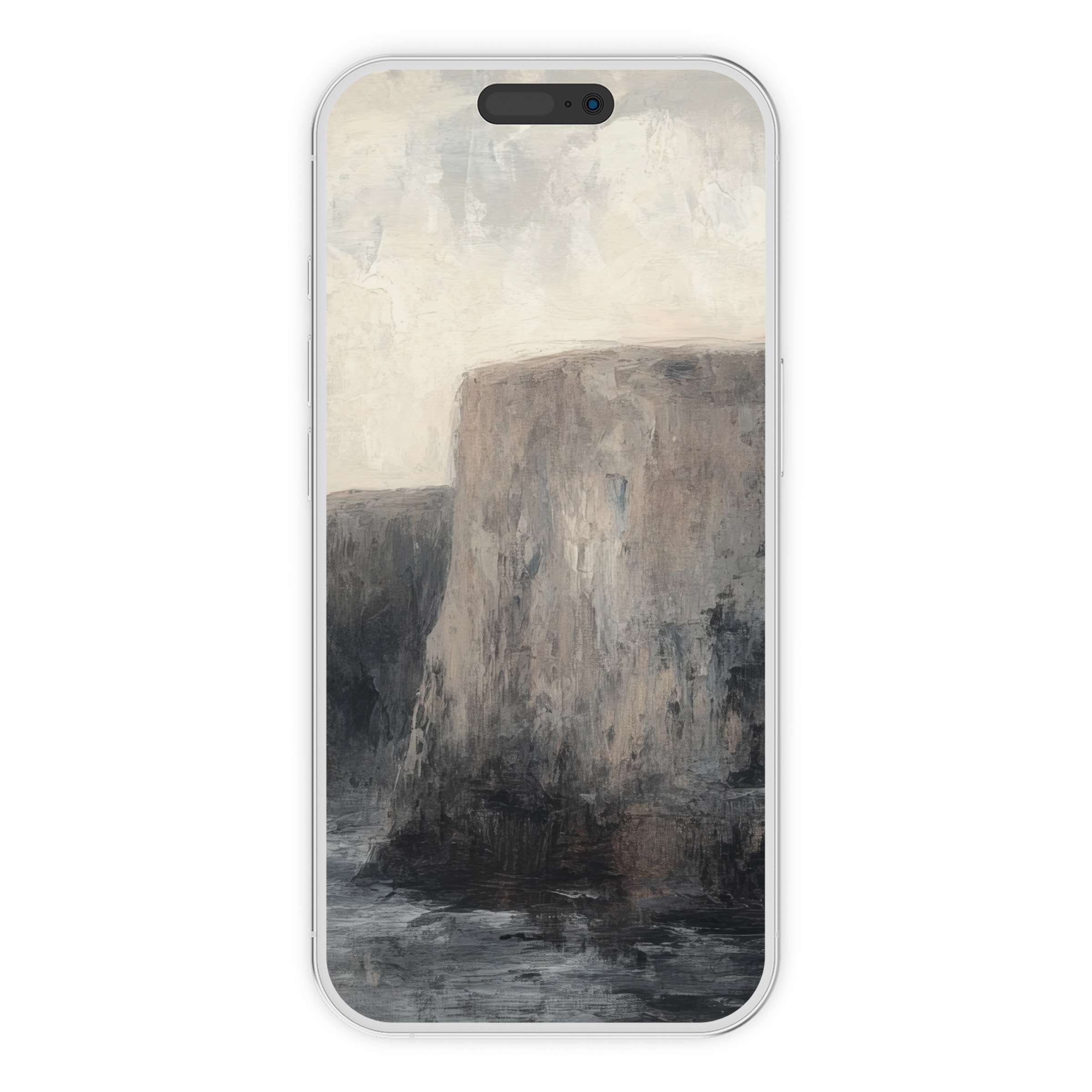 Tranquil vintage iPhone wallpaper features serene cliffs in soft earth tones, perfect phone background digital download for art lovers