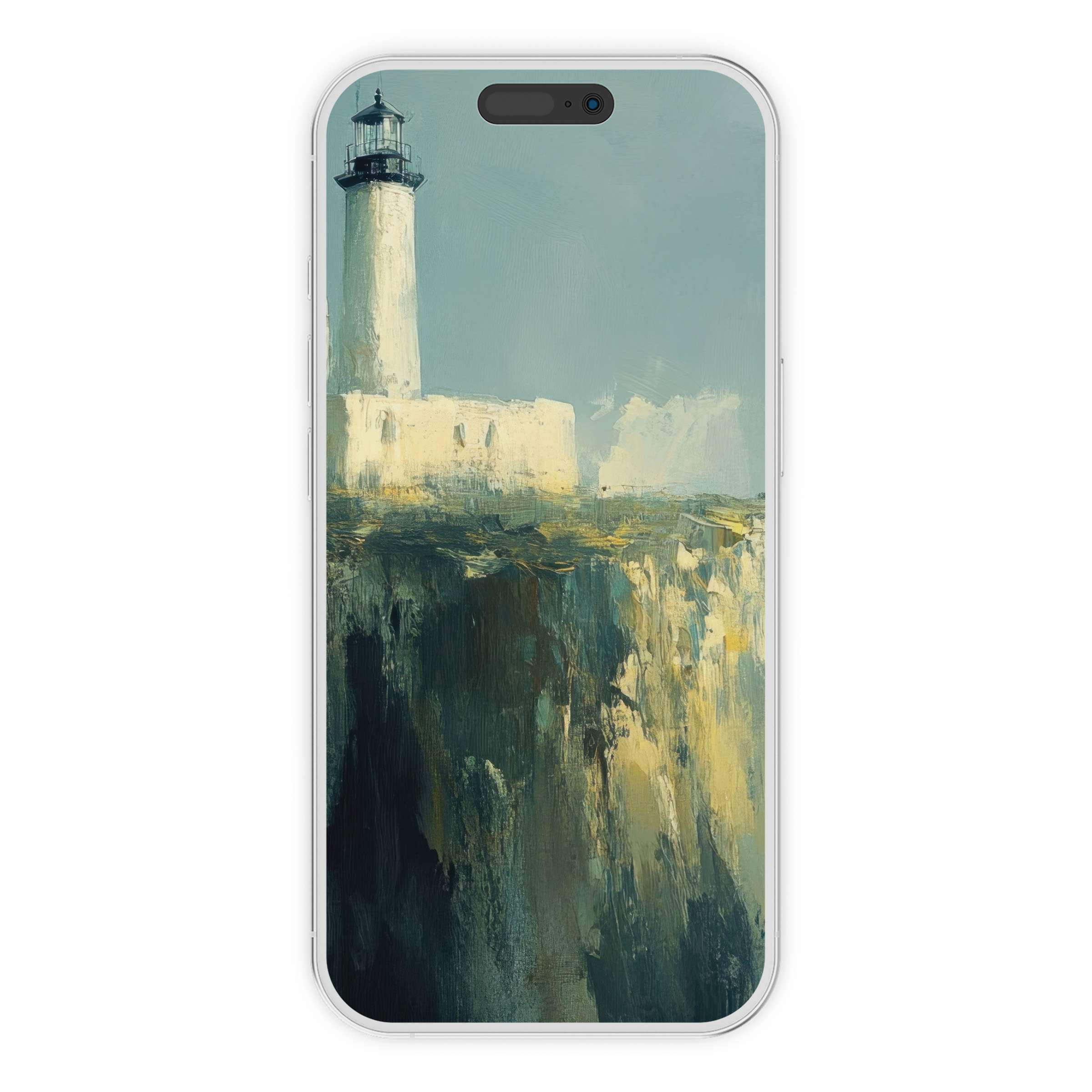 Elegant vintage iPhone wallpaper featuring a serene lighthouse painting, perfect phone background digital download suitable for all devices