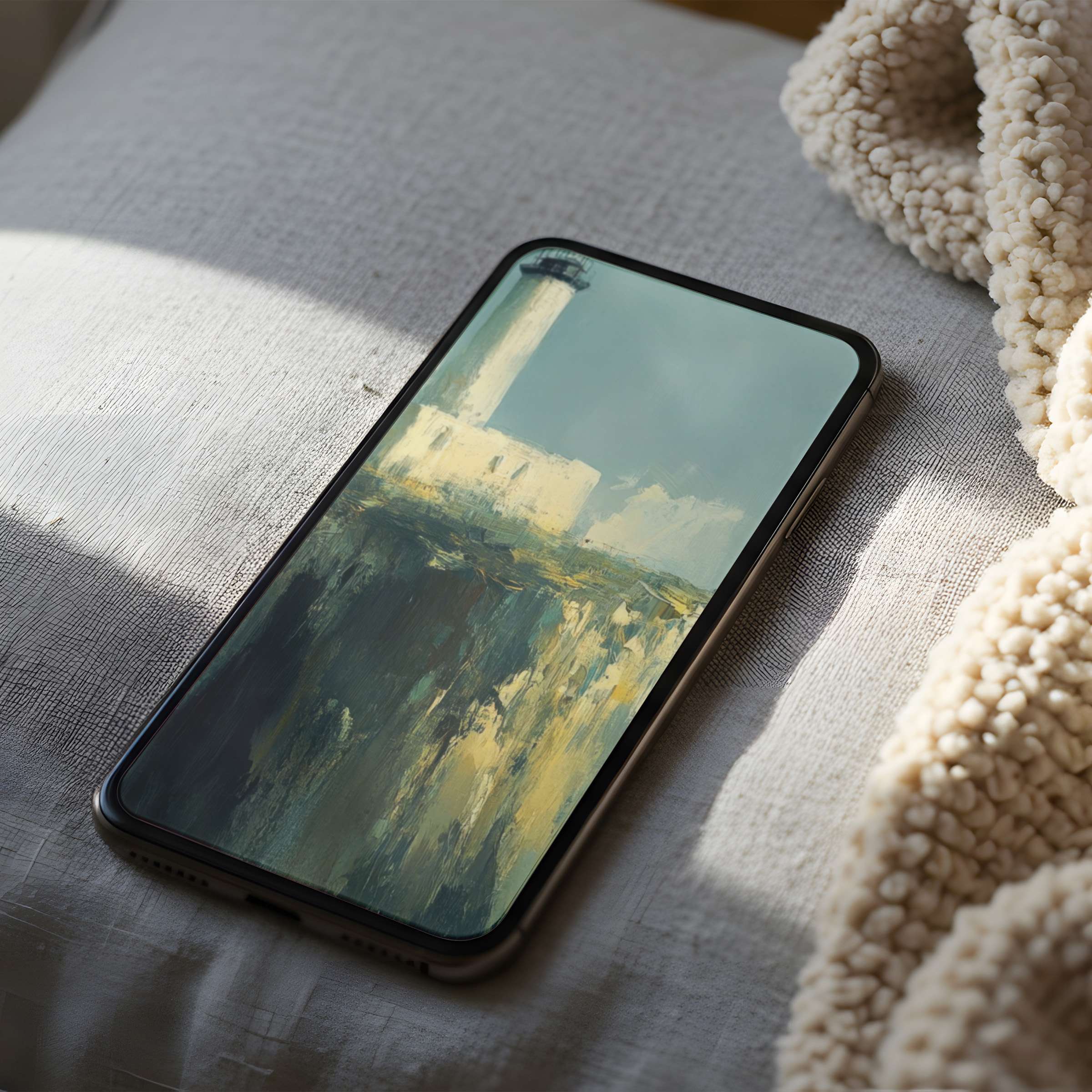 Elegant lighthouse phone wallpaper evokes serenity with its muted colors and impressionist style suitable for high-resolution iPhone and Android download