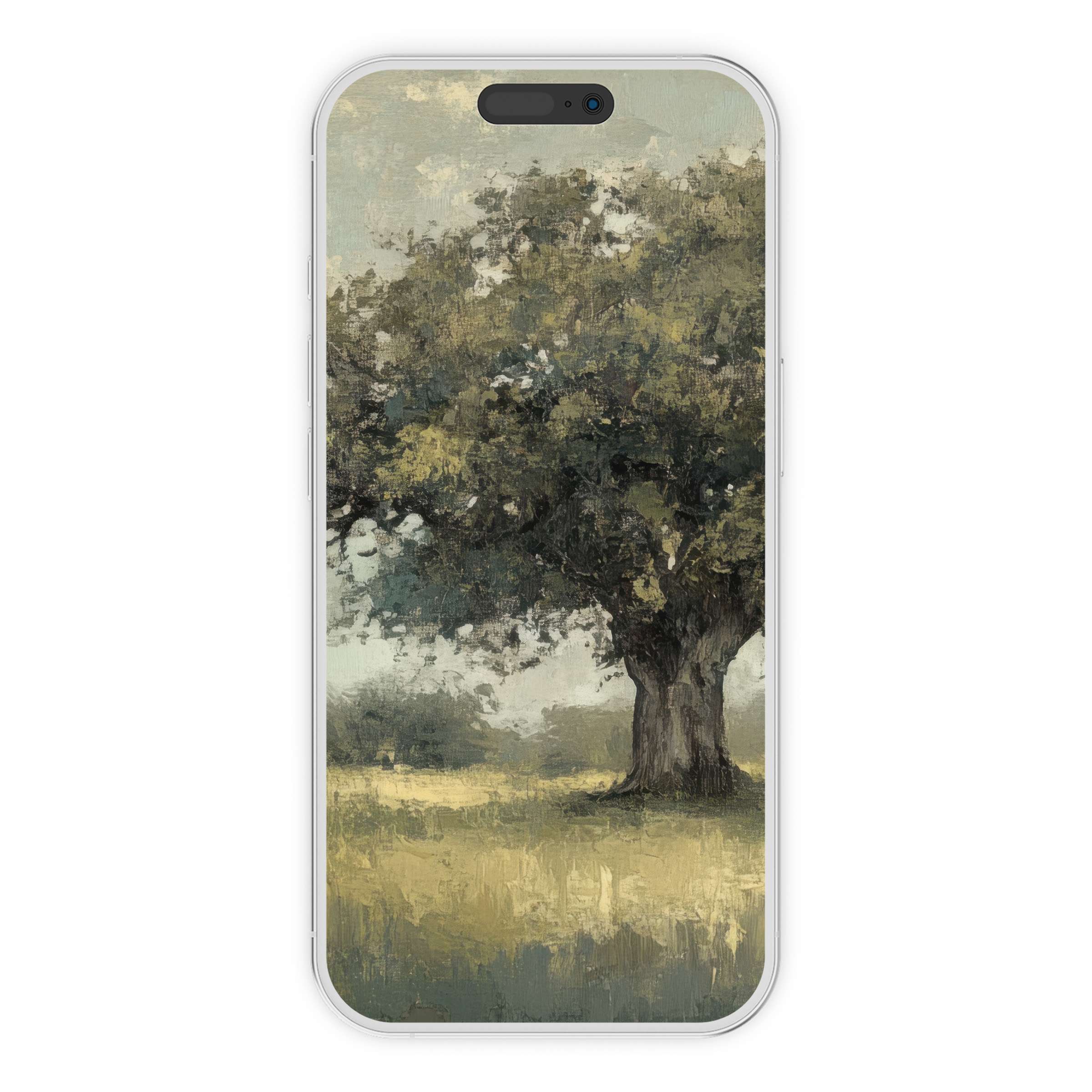 Vintage iPhone wallpaper featuring a serene tree landscape in muted tones, perfect for phone backgrounds, digital download elegance