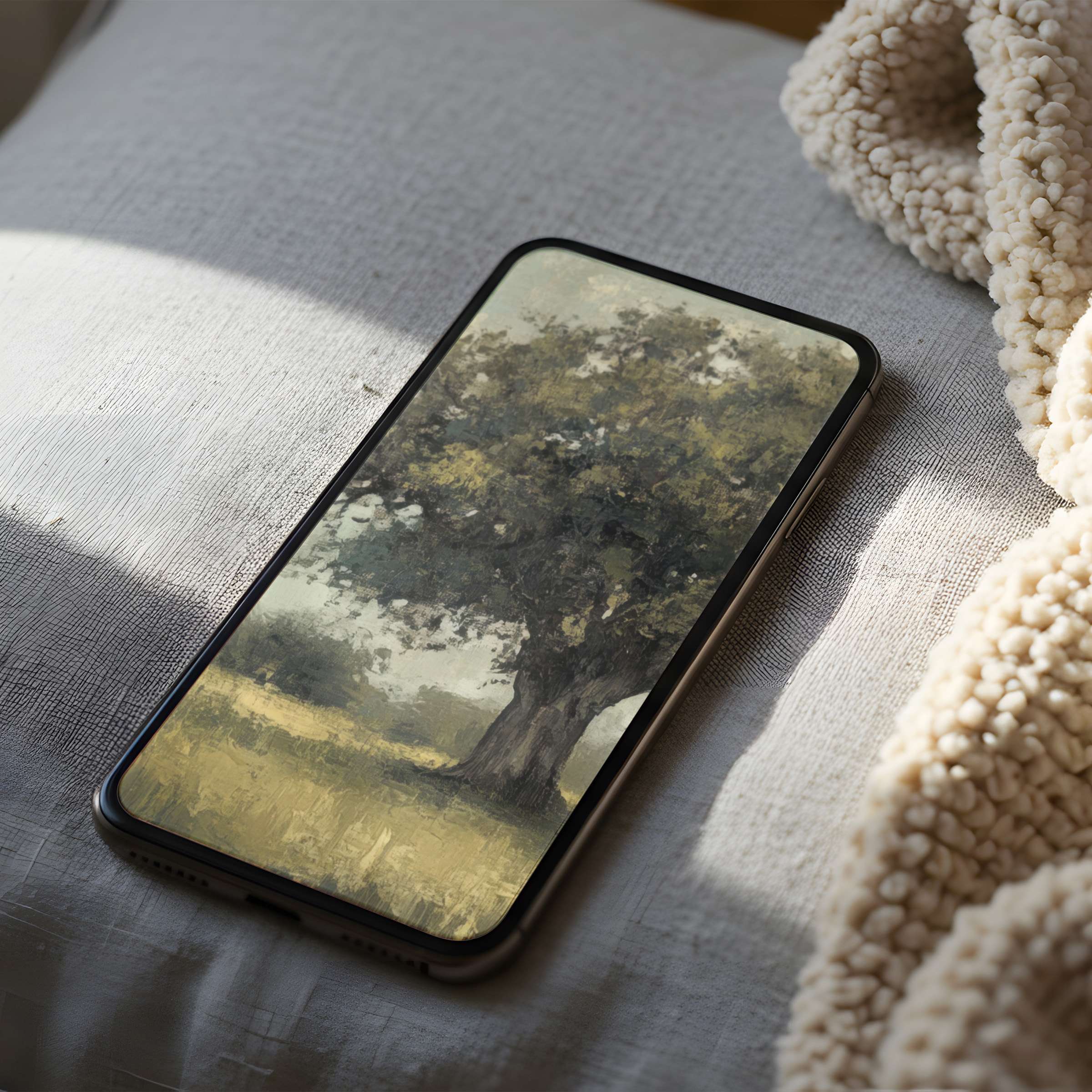 Elegant tree motif phone wallpaper in muted tones offers calm and beauty, perfect for iPhone and Android, high resolution download