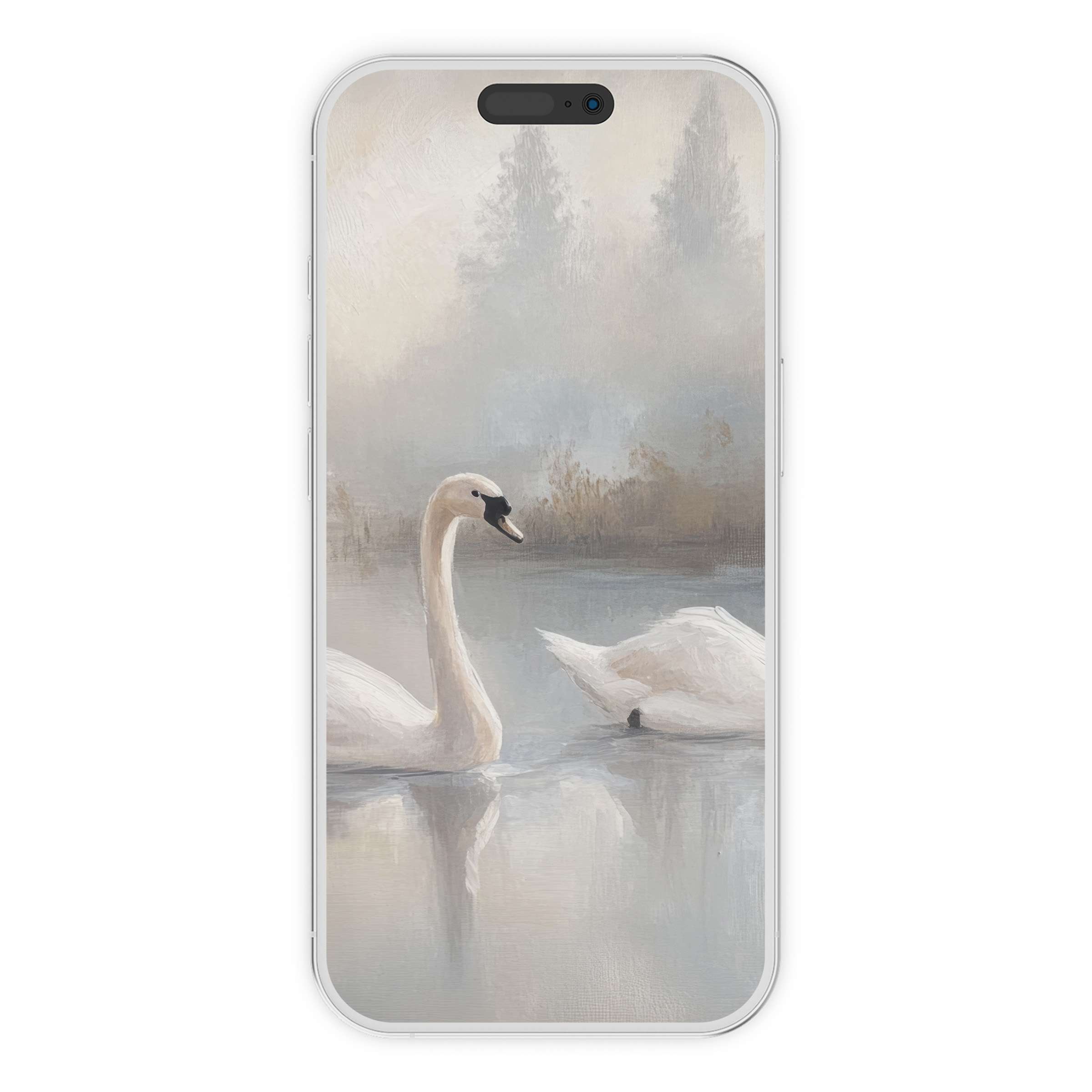 Vintage iPhone wallpaper with elegant swans in misty water, perfect phone background, digital download enhances serenity and style