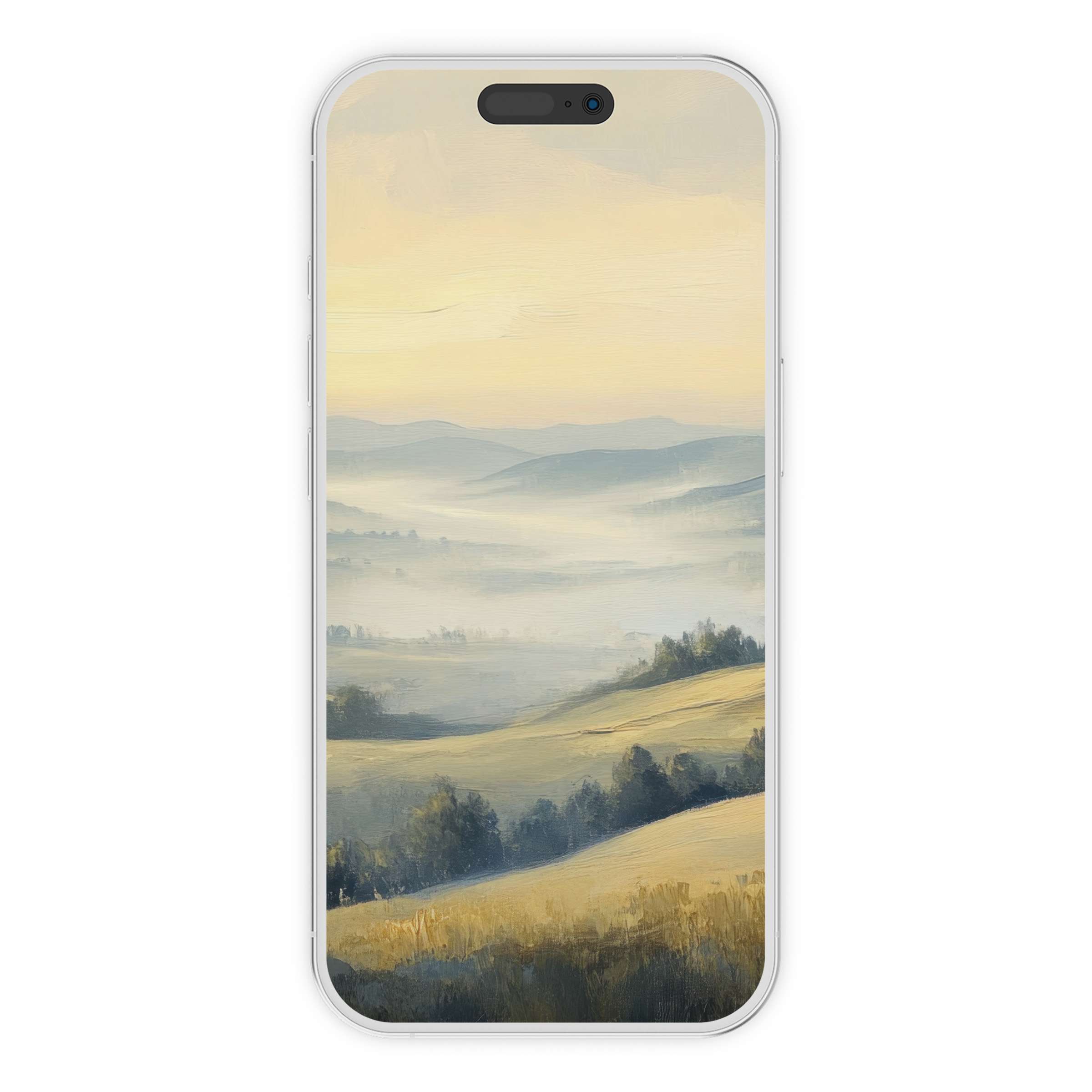 Serene vintage iPhone wallpaper features soft pastel landscapes, offering an elegant phone background digital download for aesthetics and calm