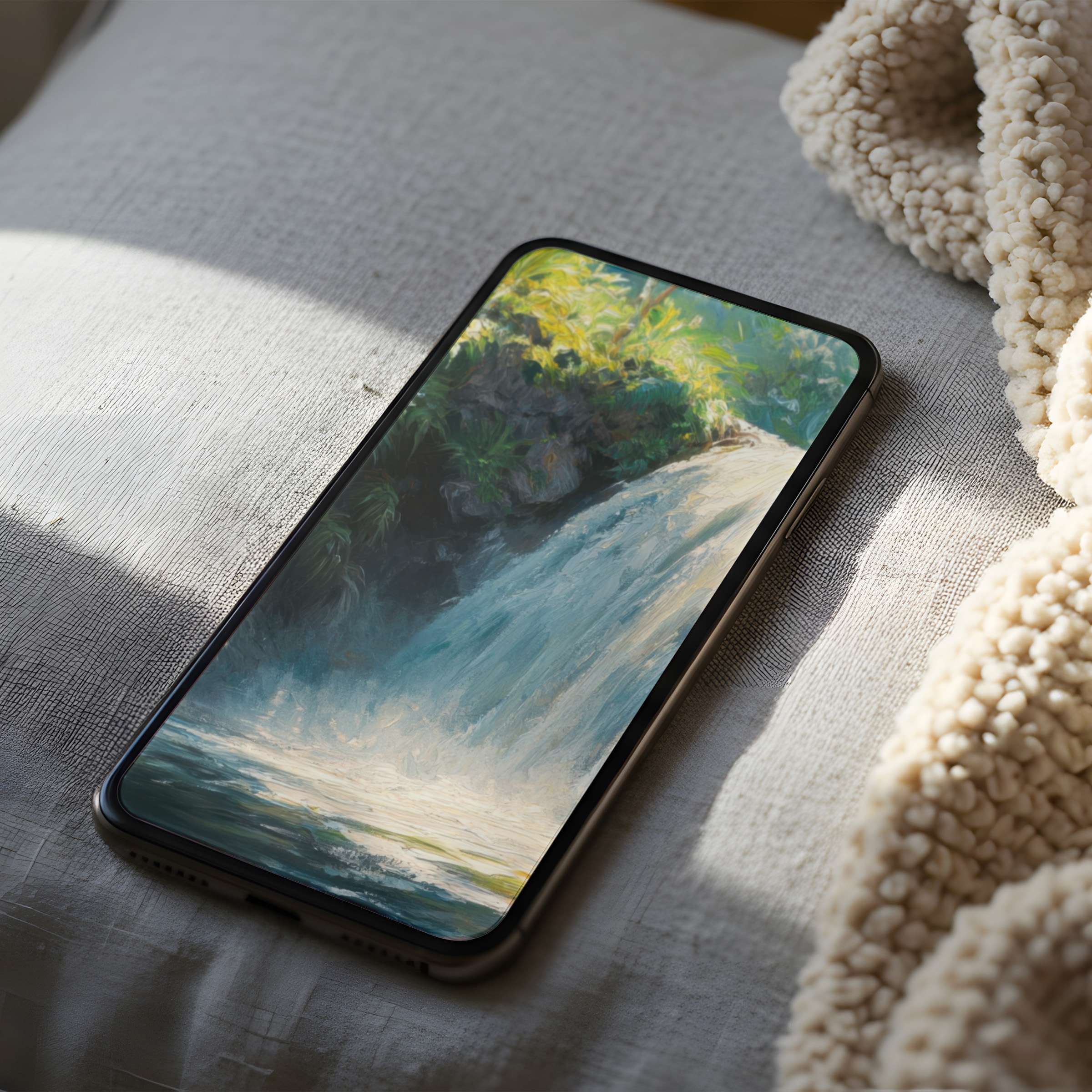 Serene waterfall phone wallpaper in high resolution, perfect for iPhone and Android, brings tranquility to any digital download setting