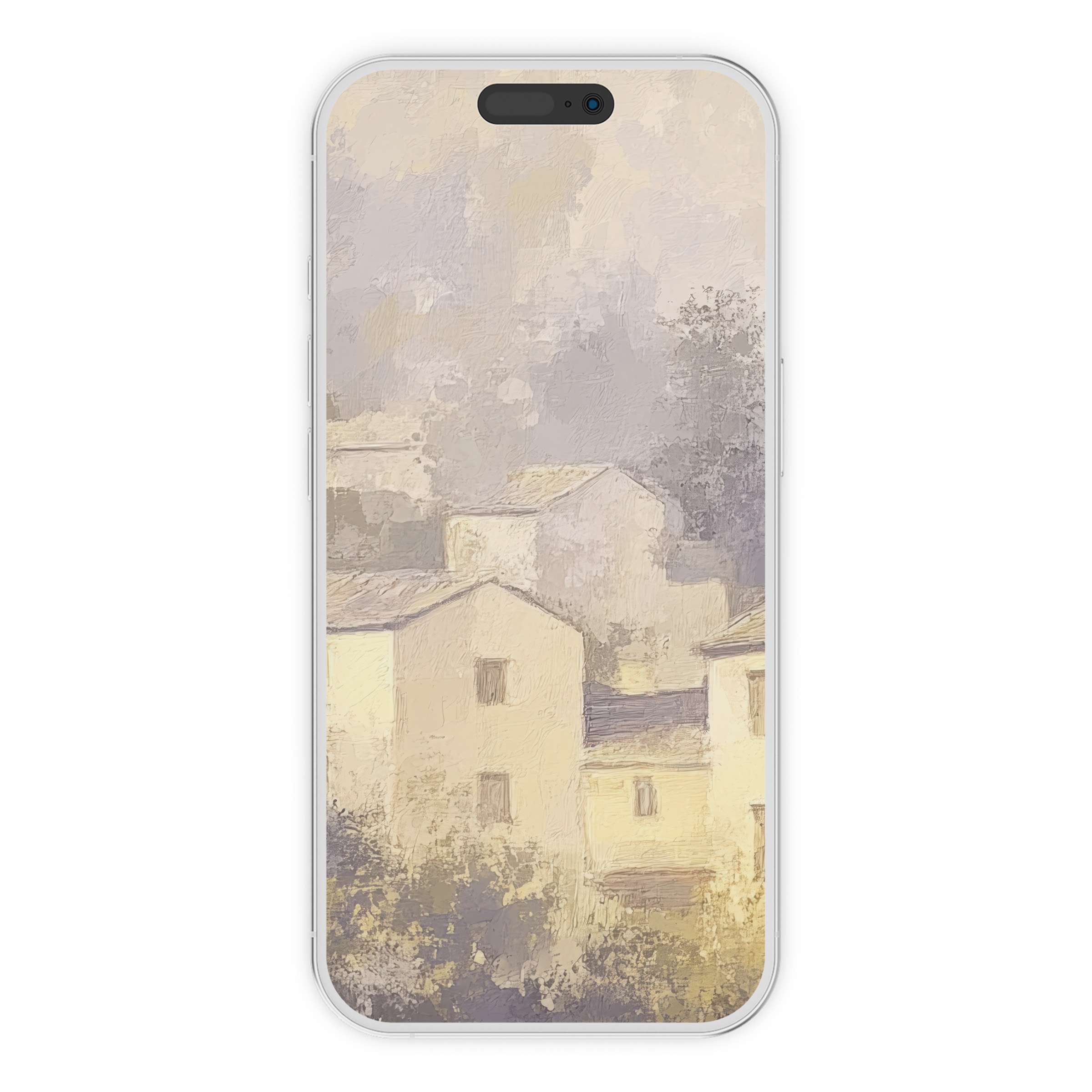 Serene pastel houses create a vintage iPhone wallpaper, evoking tranquility and elegance for your phone background digital download