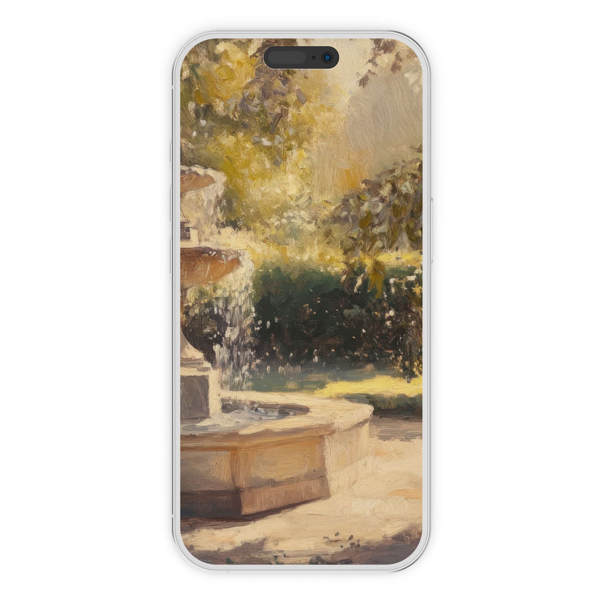 Elegant vintage iPhone wallpaper featuring a serene garden fountain in soft pastels perfect phone background digital download available