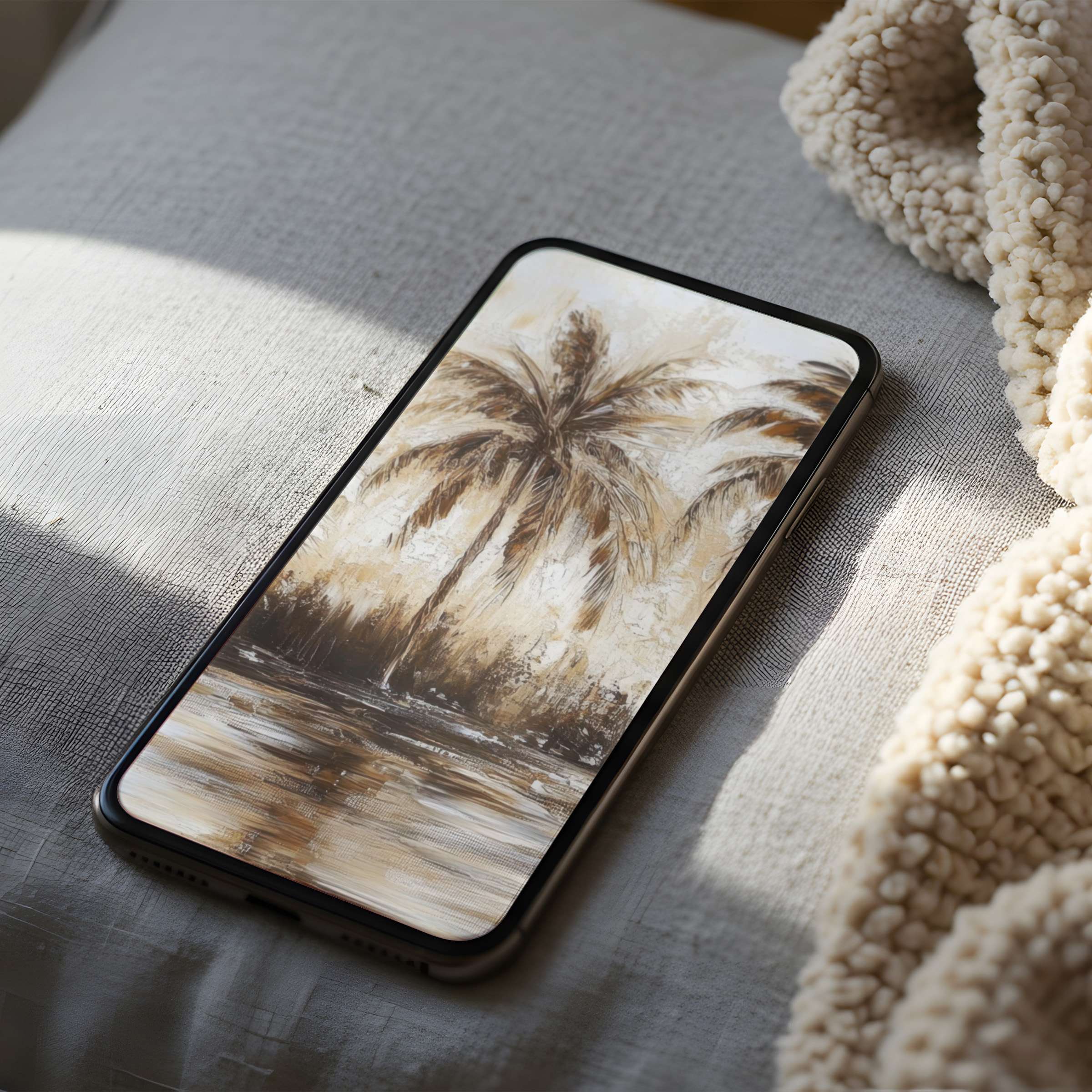 Calming palm tree phone wallpaper in earthy tones on soft fabric brings elegance to iPhone and Android devices, perfect digital download