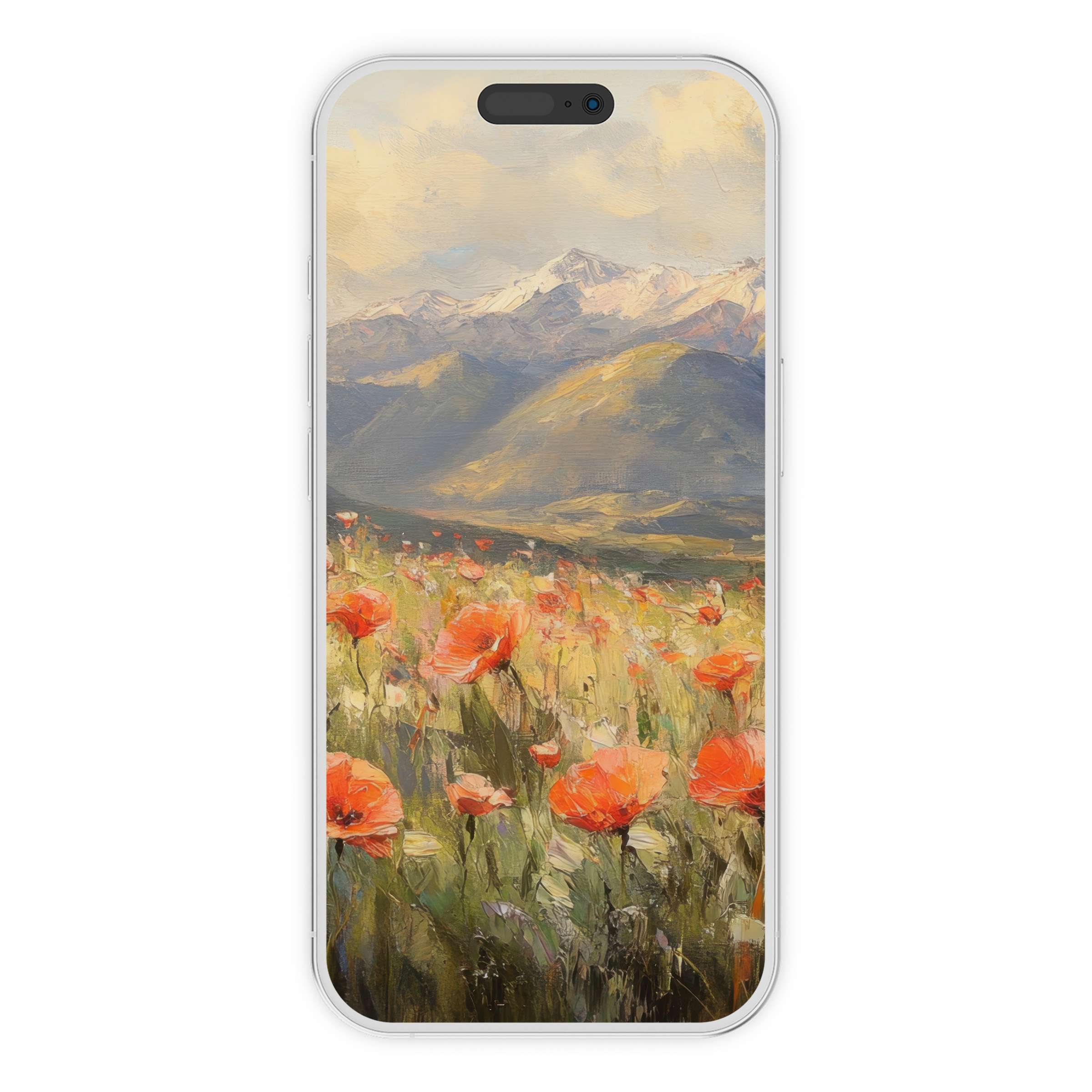 Elegant vintage iPhone wallpaper featuring a serene mountain landscape and poppy fields in soft hues, perfect phone background digital download