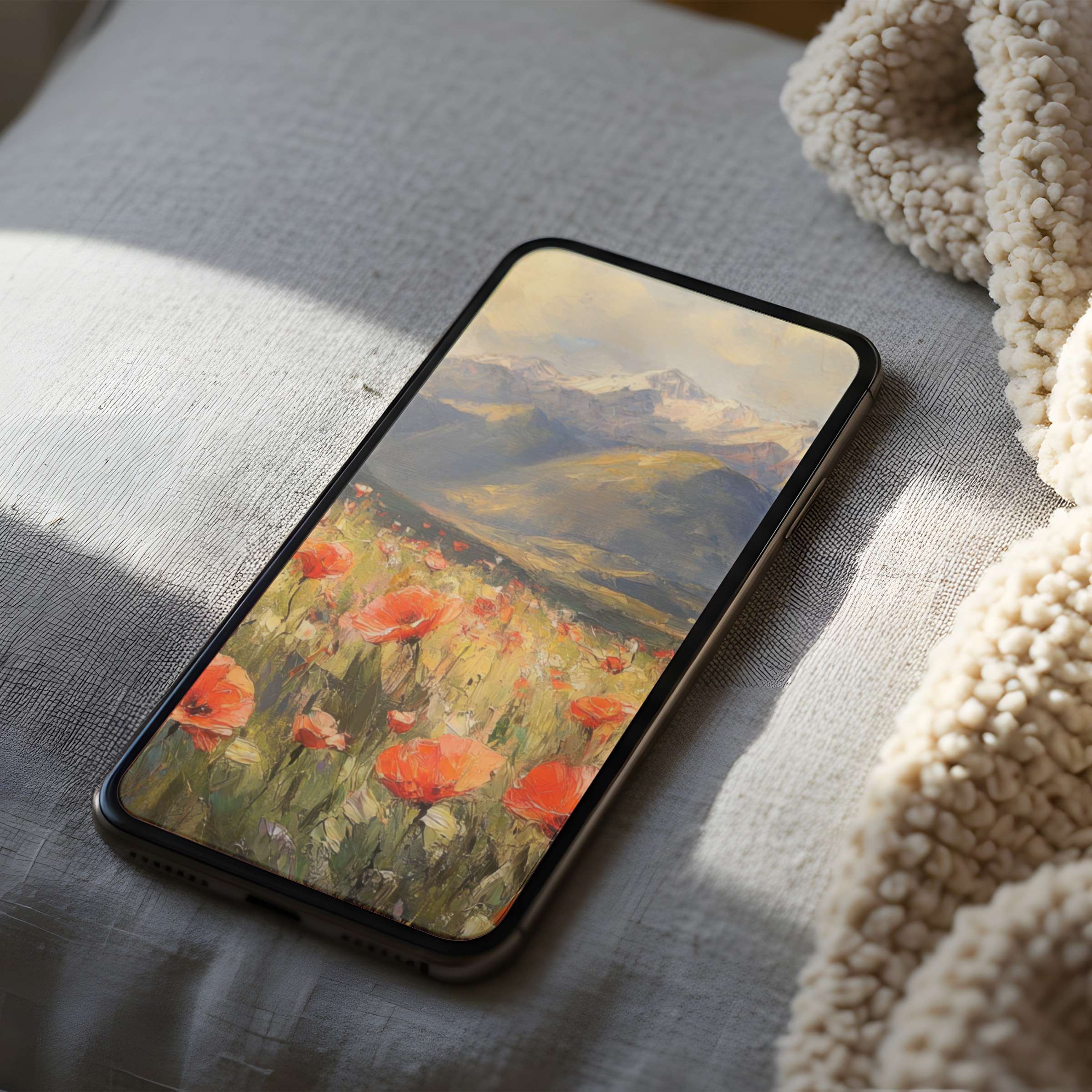 Elegant phone wallpaper featuring serene mountain landscapes and vibrant poppy fields perfect for a curated, high-resolution digital download