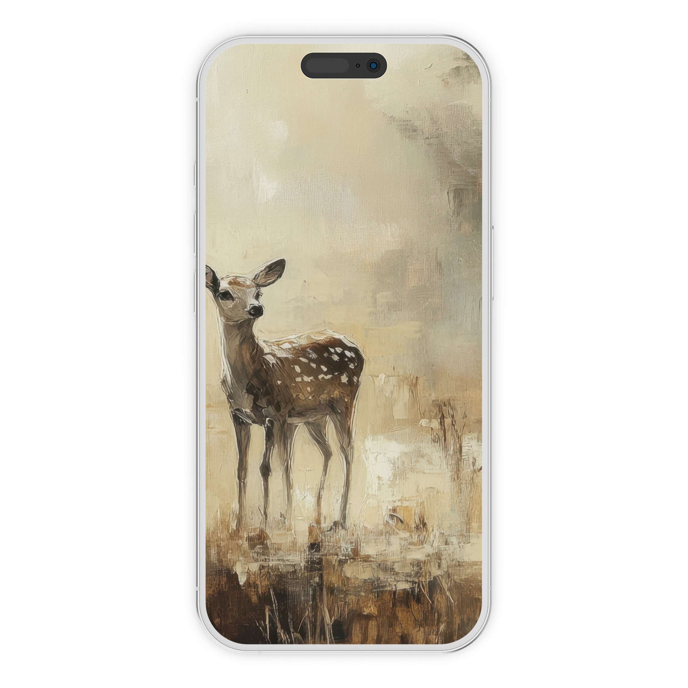 Vintage iPhone wallpaper with a serene deer in a soft beige and brown artistic background, perfect phone digital download