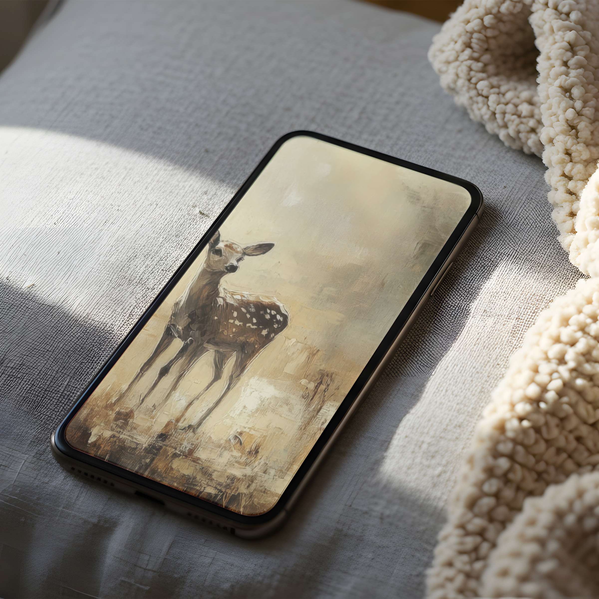 Elegant phone wallpaper featuring a serene fawn in earthy tones, perfect for iPhone and Android, offering calm digital artistry