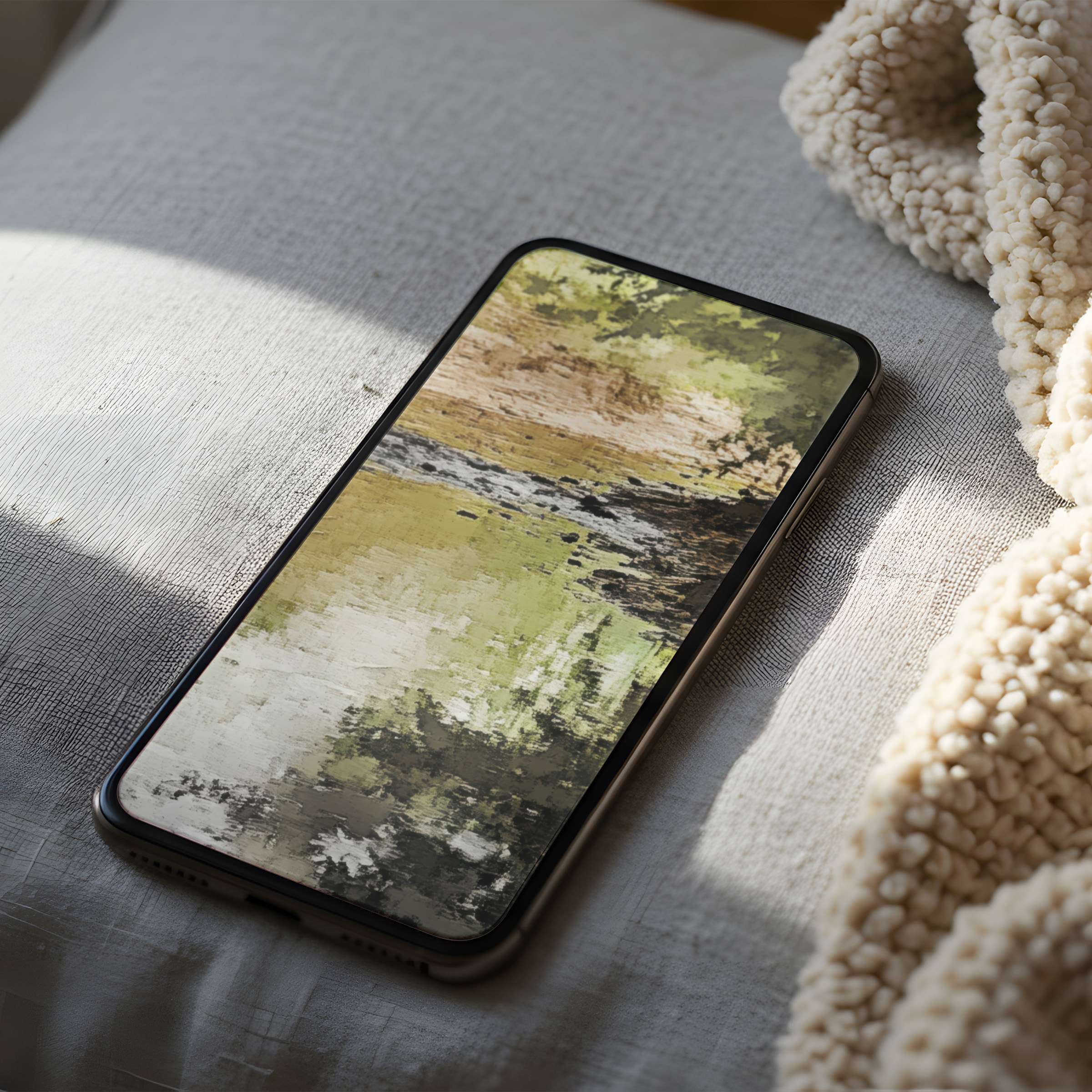 Elegant phone wallpaper showcasing abstract nature-inspired art in calming greens and neutrals suitable for iPhone and android download