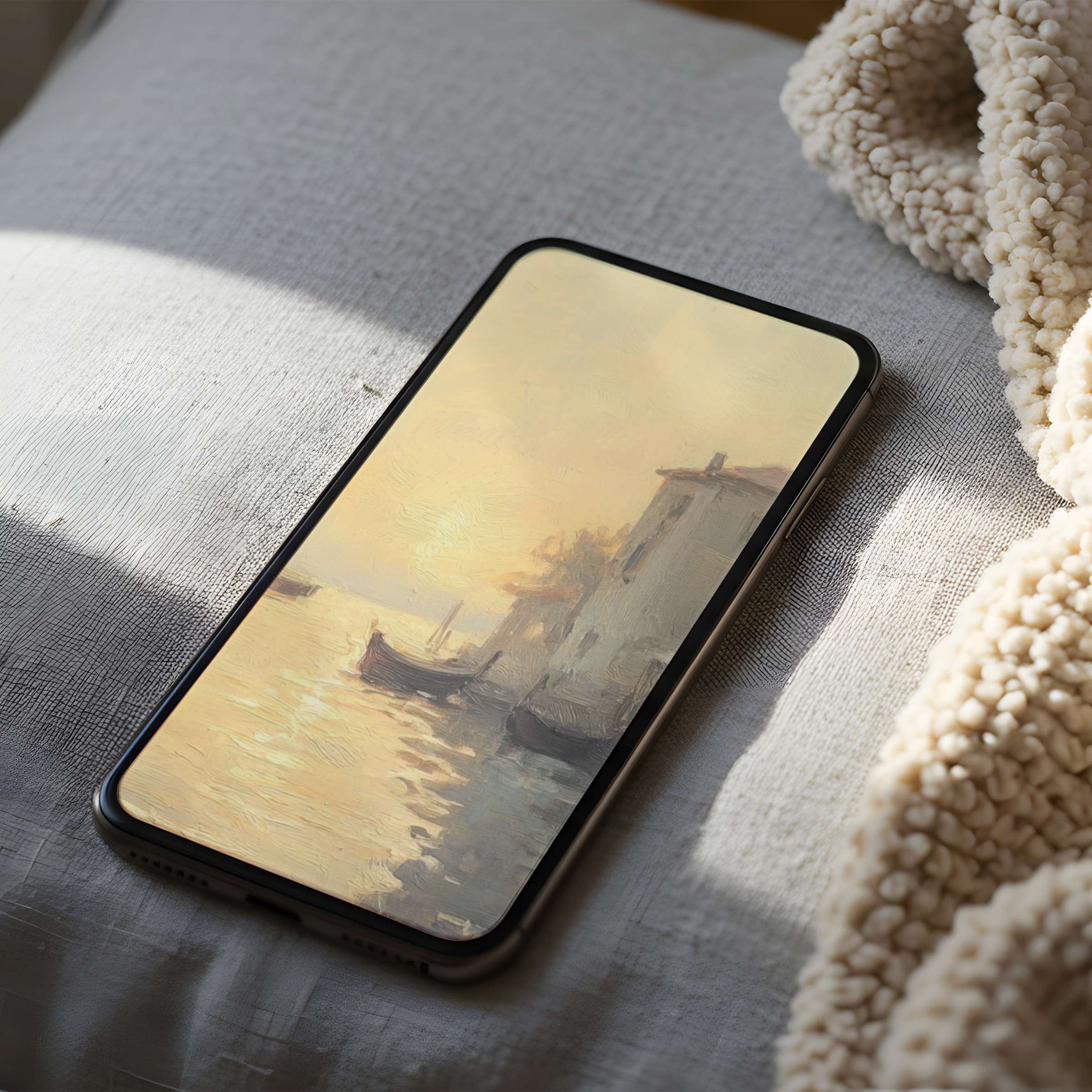 Elegant phone wallpaper featuring a serene sunset over a tranquil harbor in soft pastels ideal for high resolution iPhone display