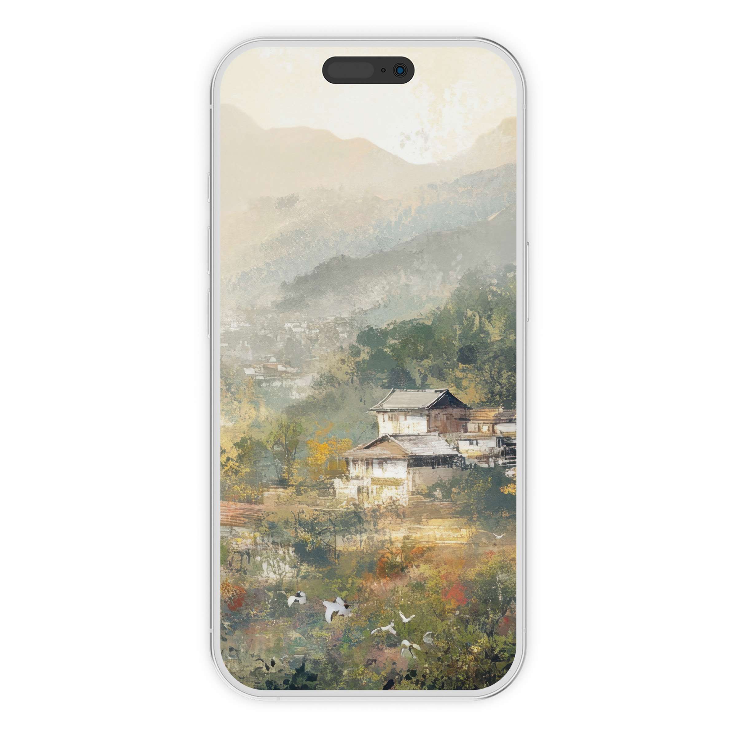 Vintage iPhone wallpaper showing serene earthy tones with rustic village and distant mountains, perfect phone background digital download