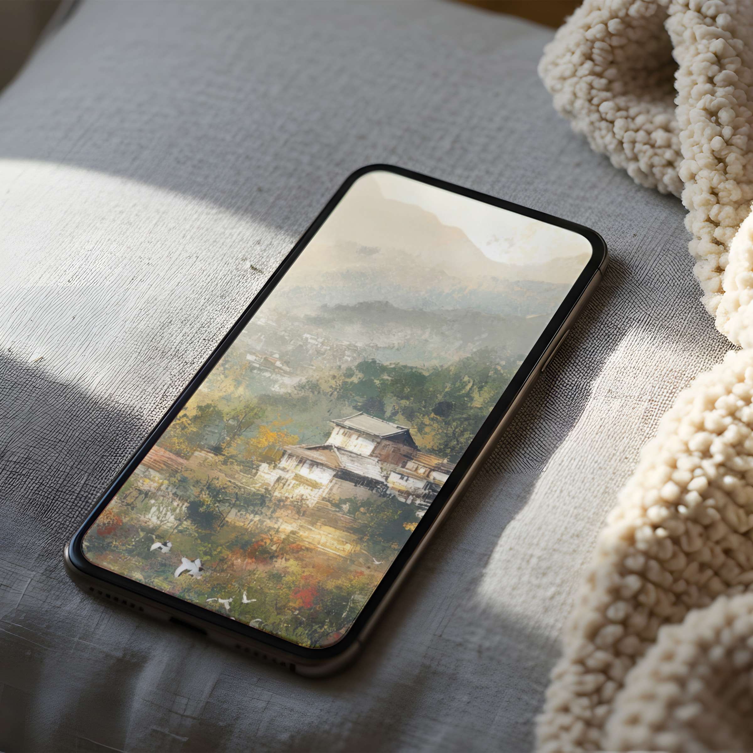 Tranquil phone wallpaper featuring serene landscape and rustic village, perfect high-resolution digital download for iPhone and Android users