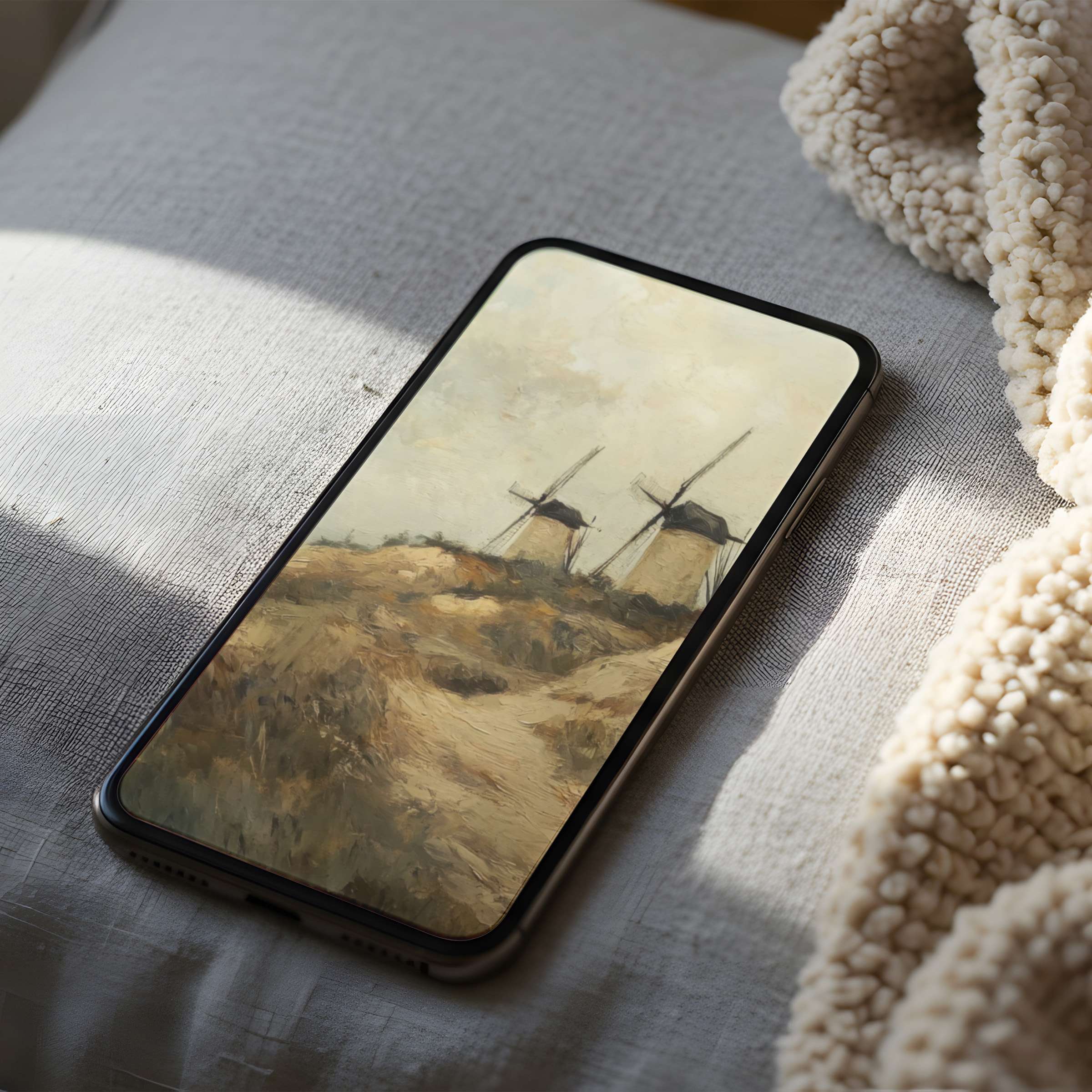 Tranquil phone wallpaper featuring serene windmills in soft, earthy tones perfect for iPhone and Android high-resolution digital download