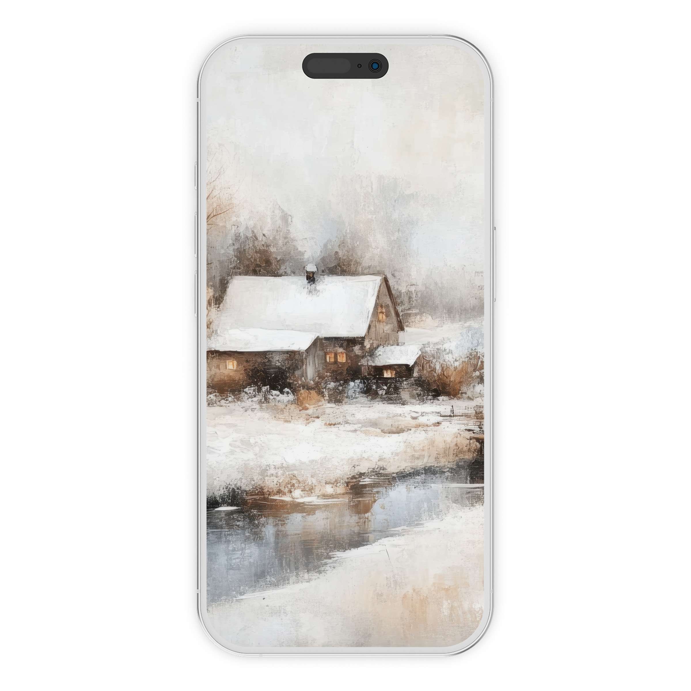 Vintage iPhone wallpaper featuring a serene winter cottage scene, offering an elegant phone background as a digital download