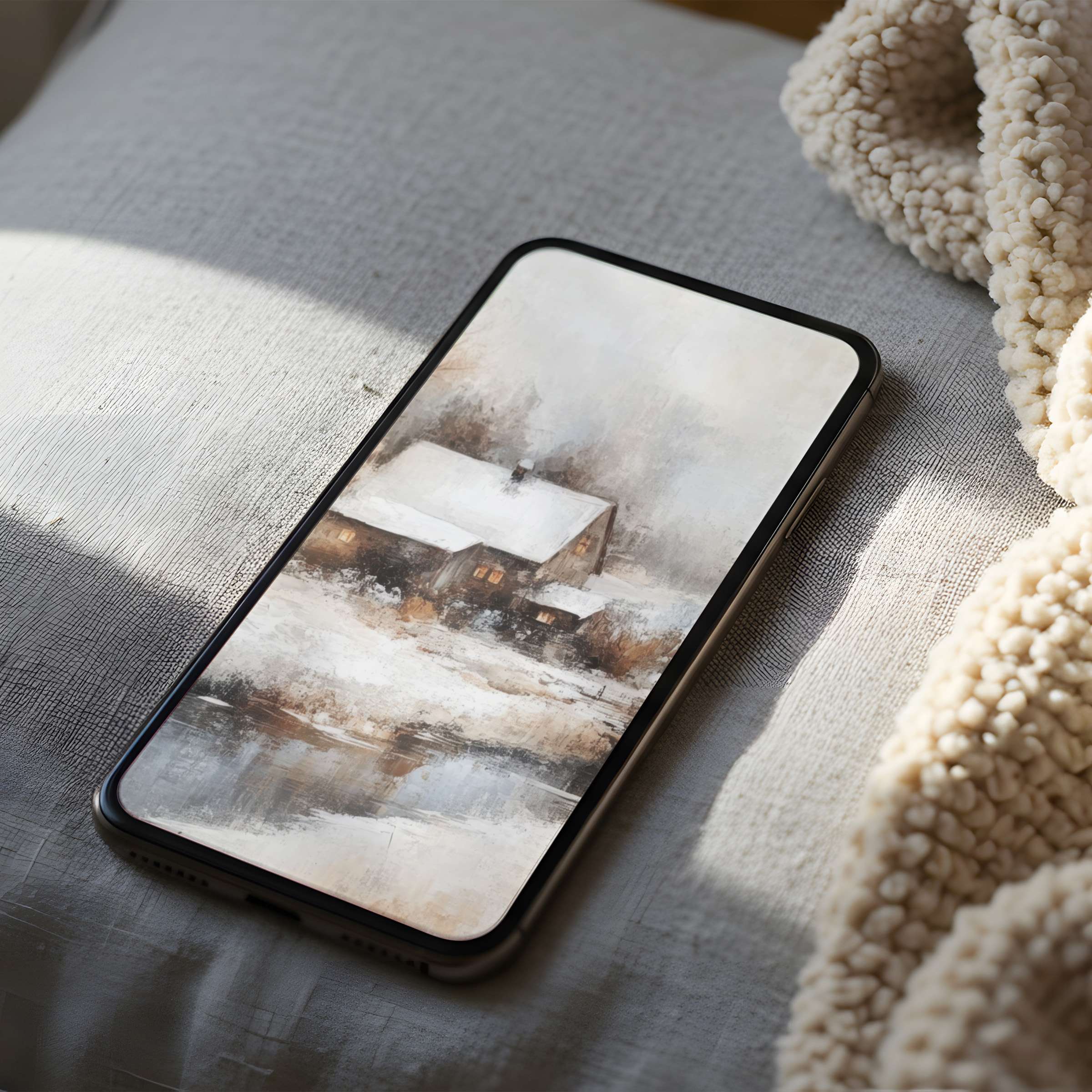 Snowy cabin phone wallpaper featuring serene winter landscape in high resolution, ideal for iPhone or Android, digital download