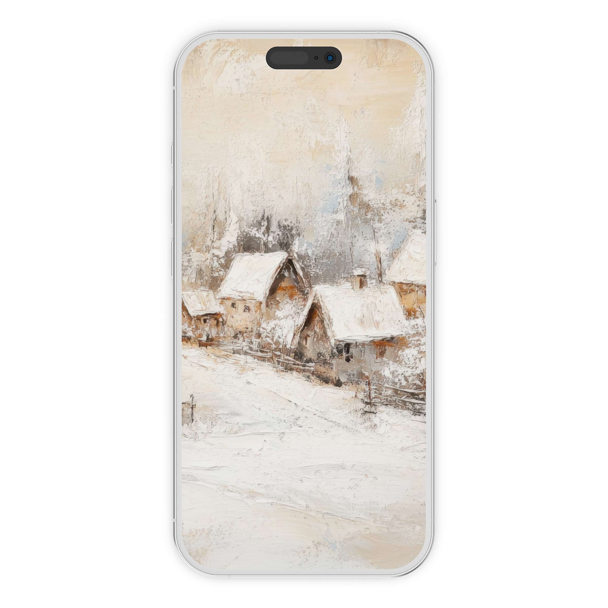 Vintage iPhone wallpaper showcasing serene snowy cottages, perfect as a phone background, inspiring digital download for art lovers