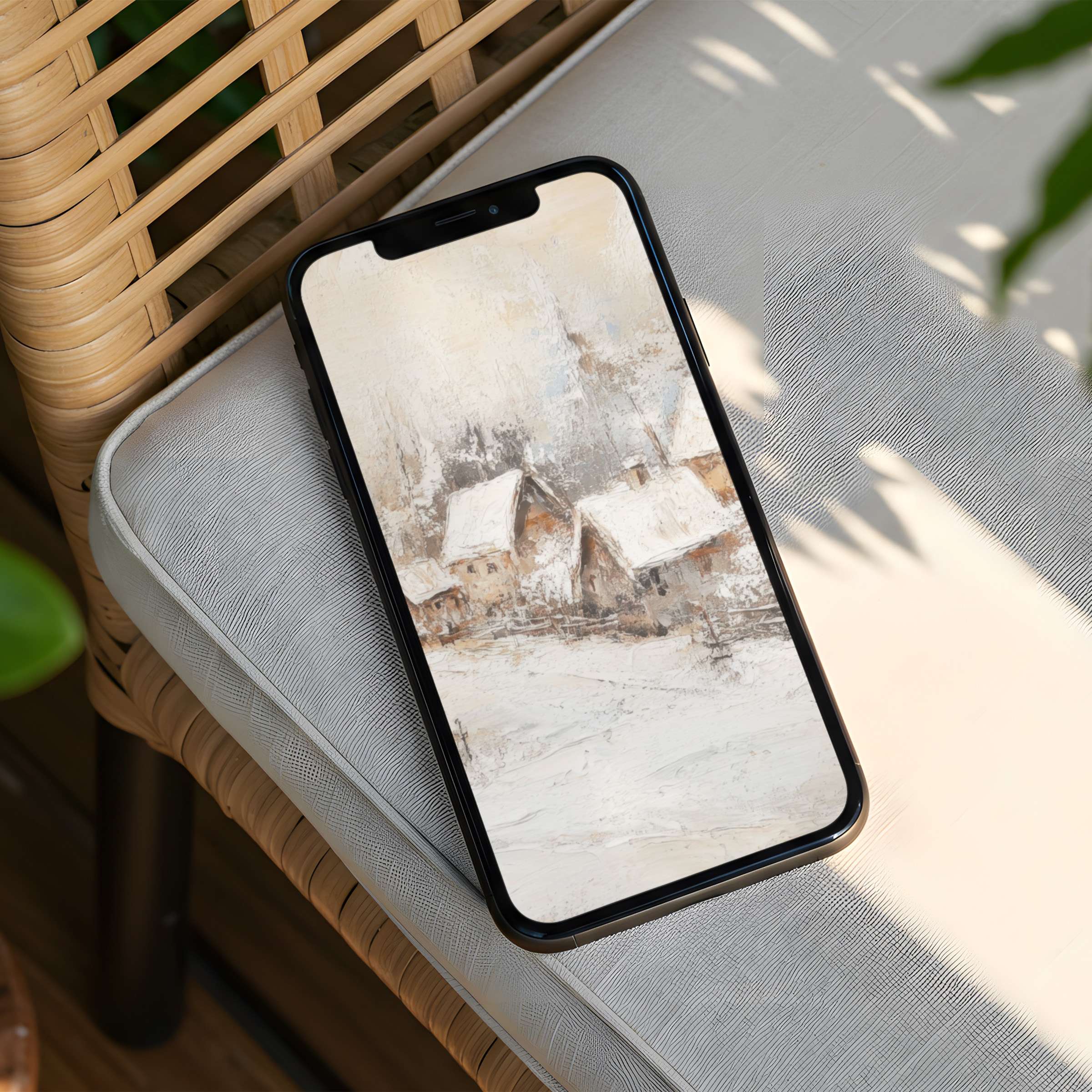 Elegant winter village scene for iPhone background offers a calm, artistic touch for your phone with instant download serenity