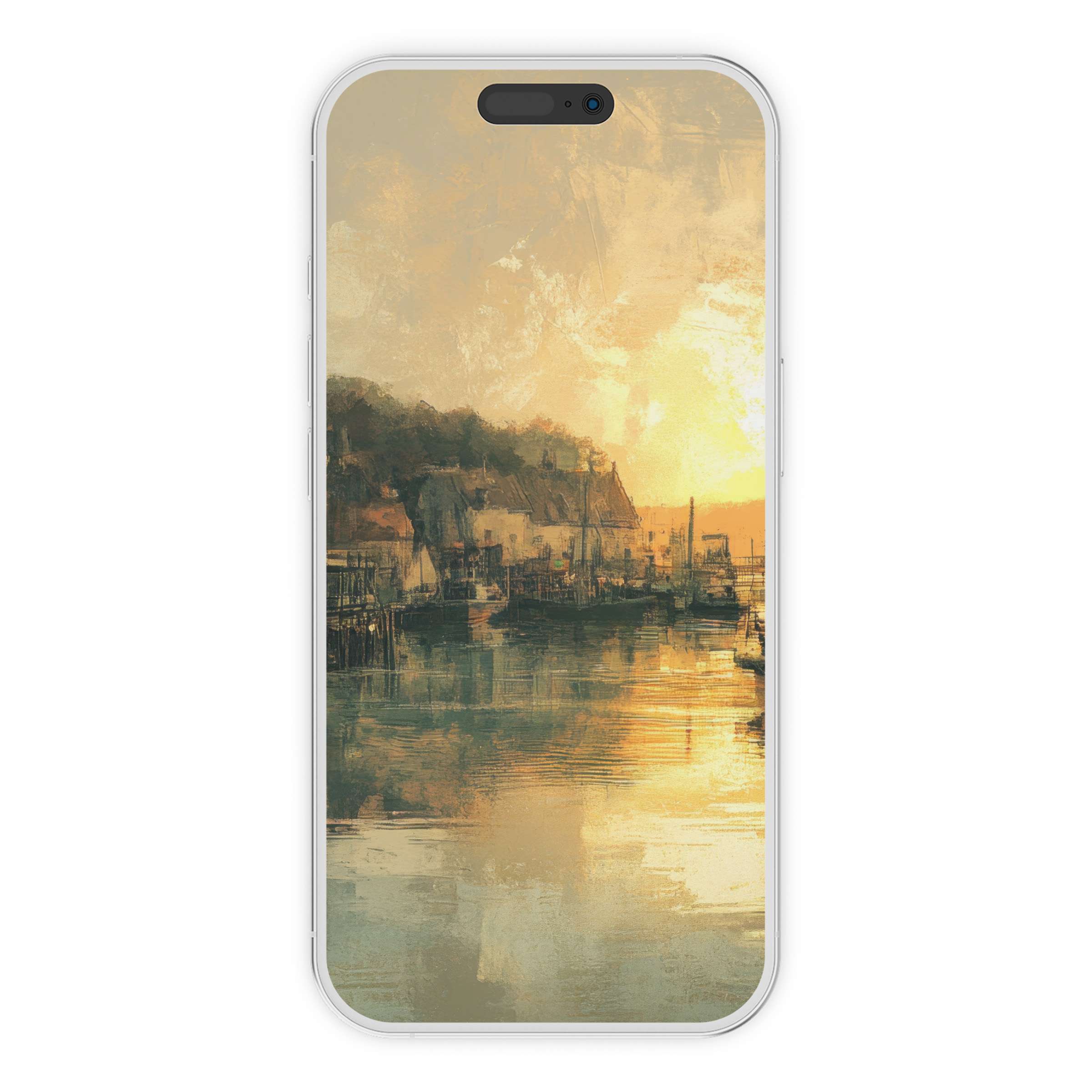 Elegant vintage iPhone wallpaper with serene sunset over a textured harbor scene, ideal phone background for a calming digital download