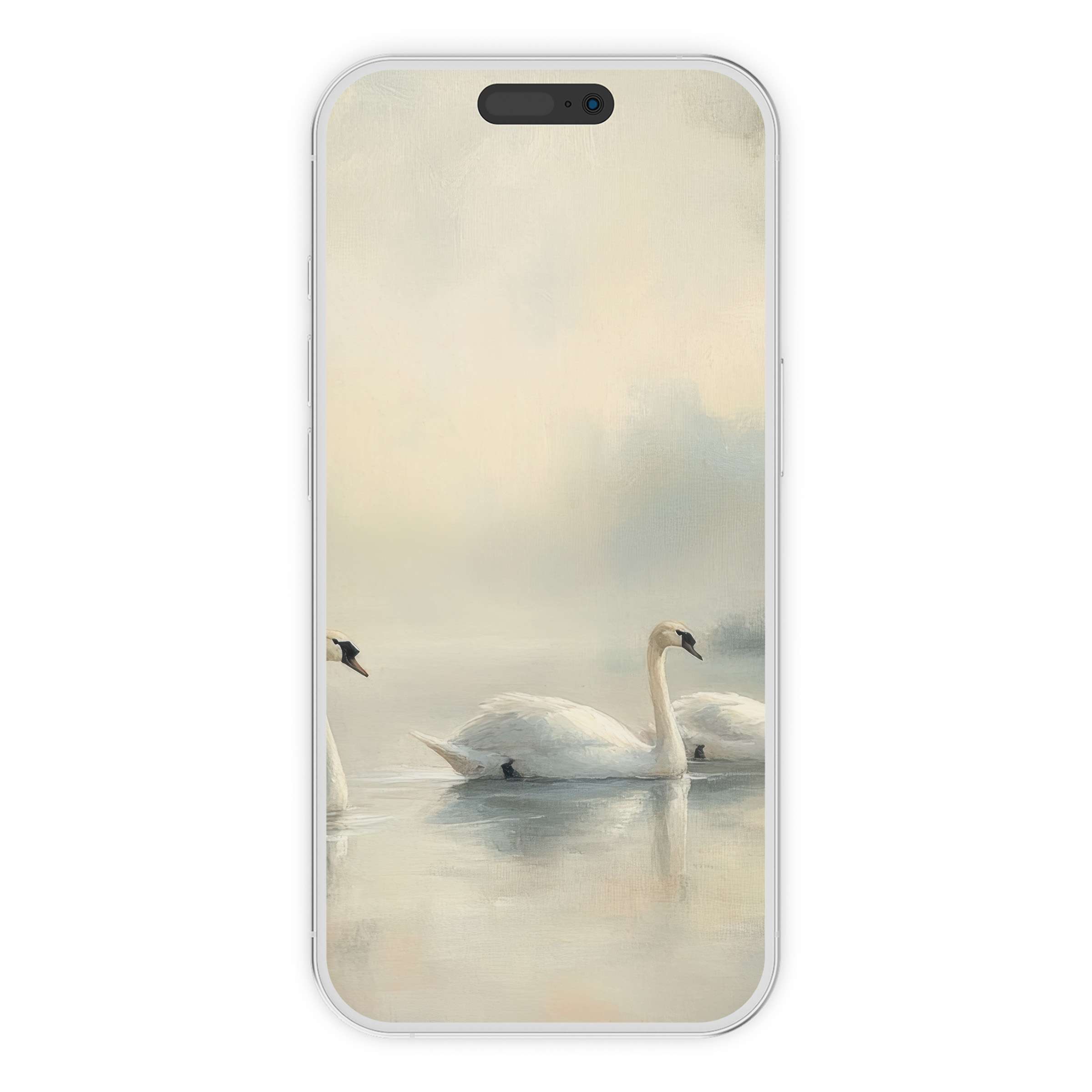 Tranquil vintage iPhone wallpaper featuring elegant swans on a serene lake, offering a calming phone background digital download