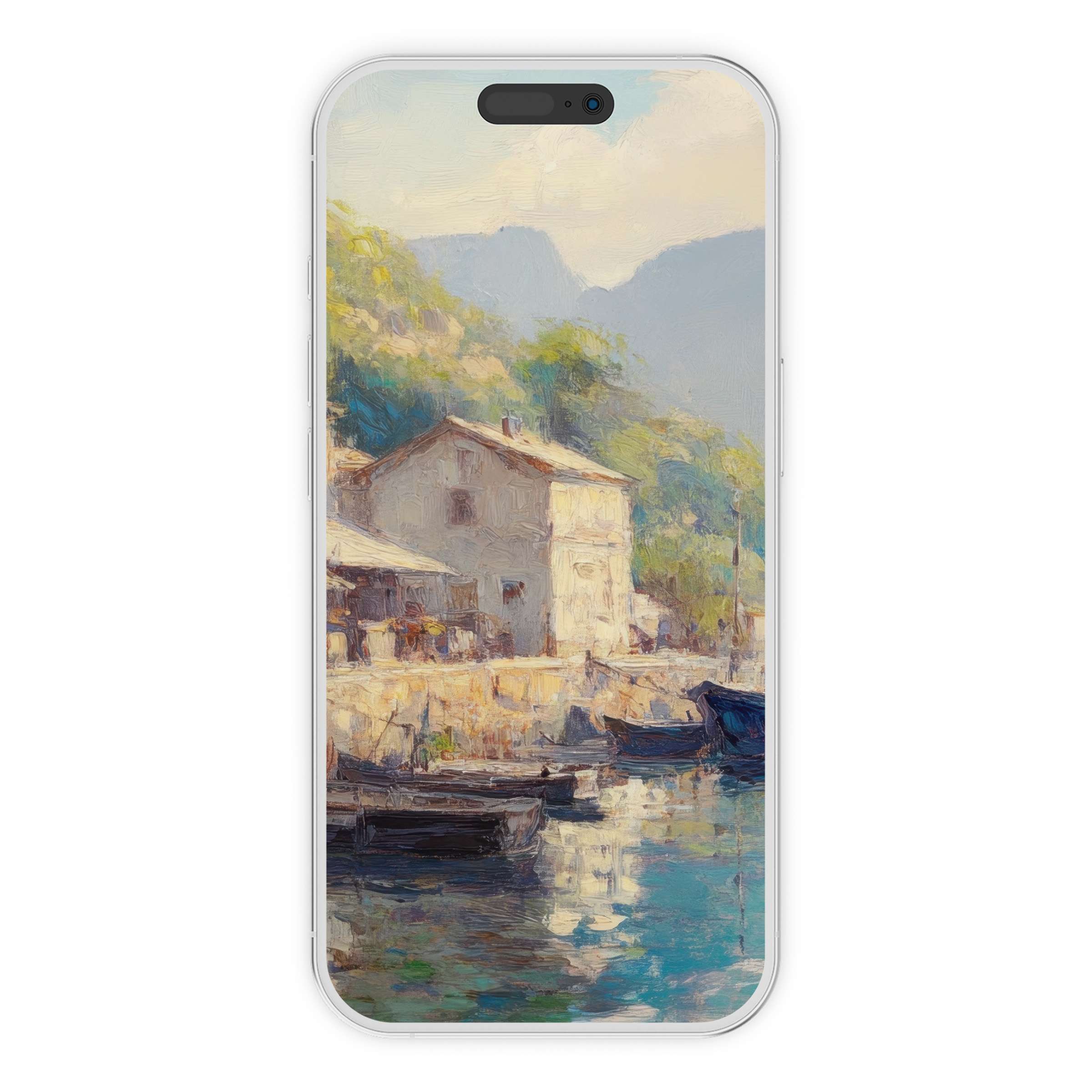 Elegant vintage iPhone wallpaper showcasing an impressionist coastal village scene as a calming phone background digital download option