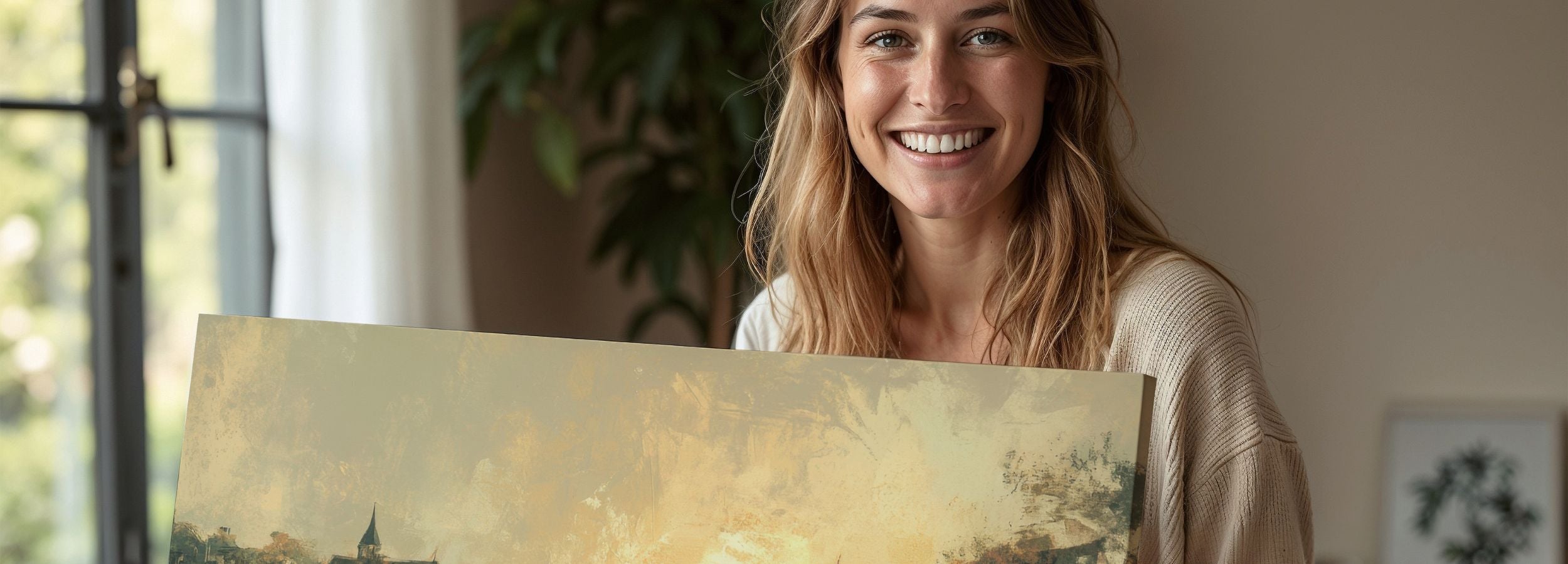 A cozy living room scene with a smiling woman holding a vintage-style printable wall art featuring a serene harbor at sunrise, with sailboats, soft golden light, and old coastal houses reflected on calm water
