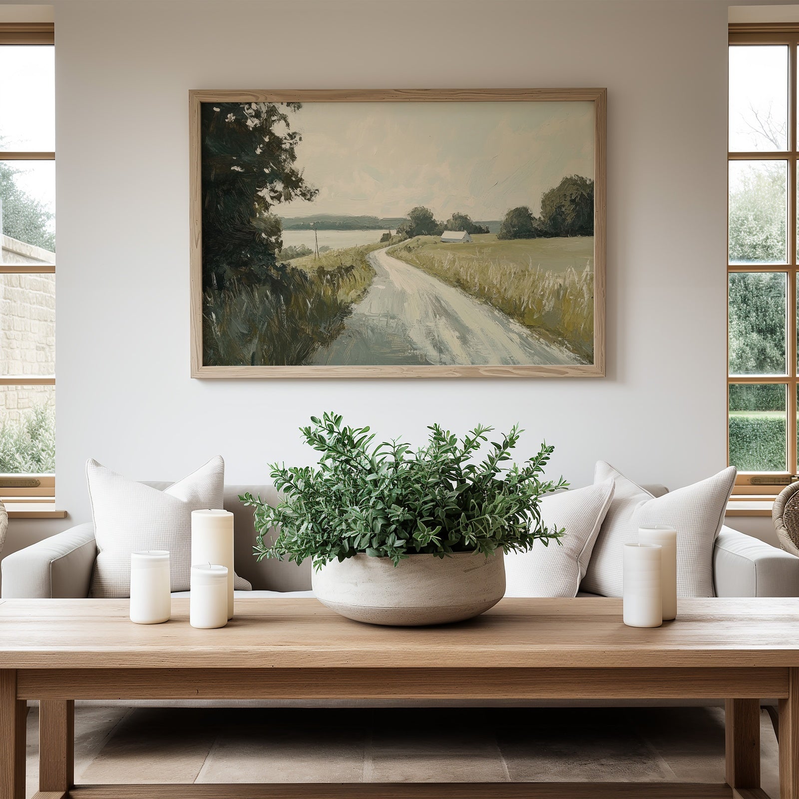 Vintage countryside wall art featuring a quiet rural road, soft green fields, and distant trees, styled in a calm neutral living room - perfect for serene, intentional home decor
